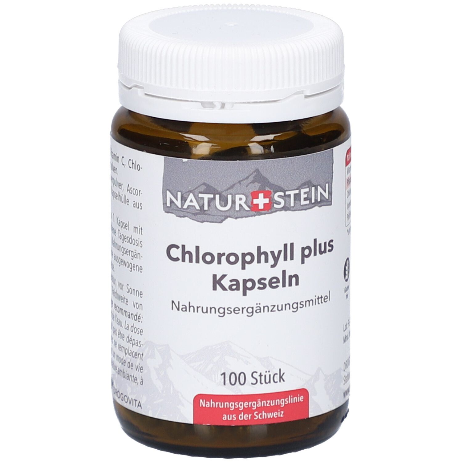 Flacon en verre brun avec bouchon blanc. Étiquette "NATURSTEIN Chlorophyll plus Kapseln". 100 pièces. Complément alimentaire.