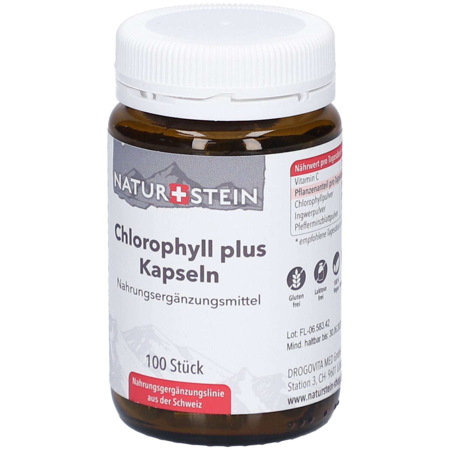 Flacon en verre brun avec bouchon blanc. Étiquette "NATURSTEIN Chlorophyll plus Kapseln". 100 pièces. Sans gluten, sans lactose.