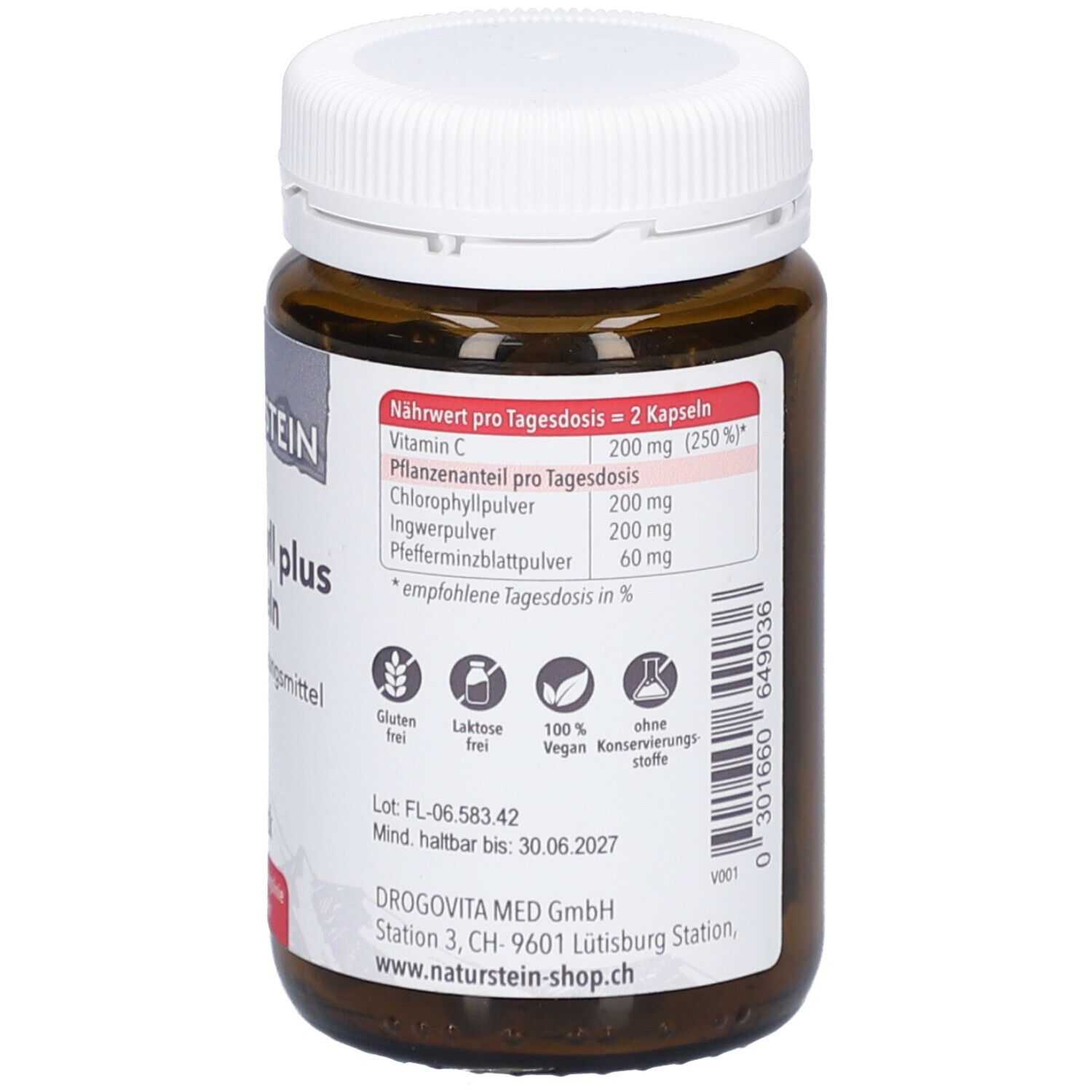 Flacon brun avec bouchon blanc. Étiquette avec valeurs nutritionnelles. Sans gluten, sans lactose, vegan. A consommer jusqu'au 30.06.2027.