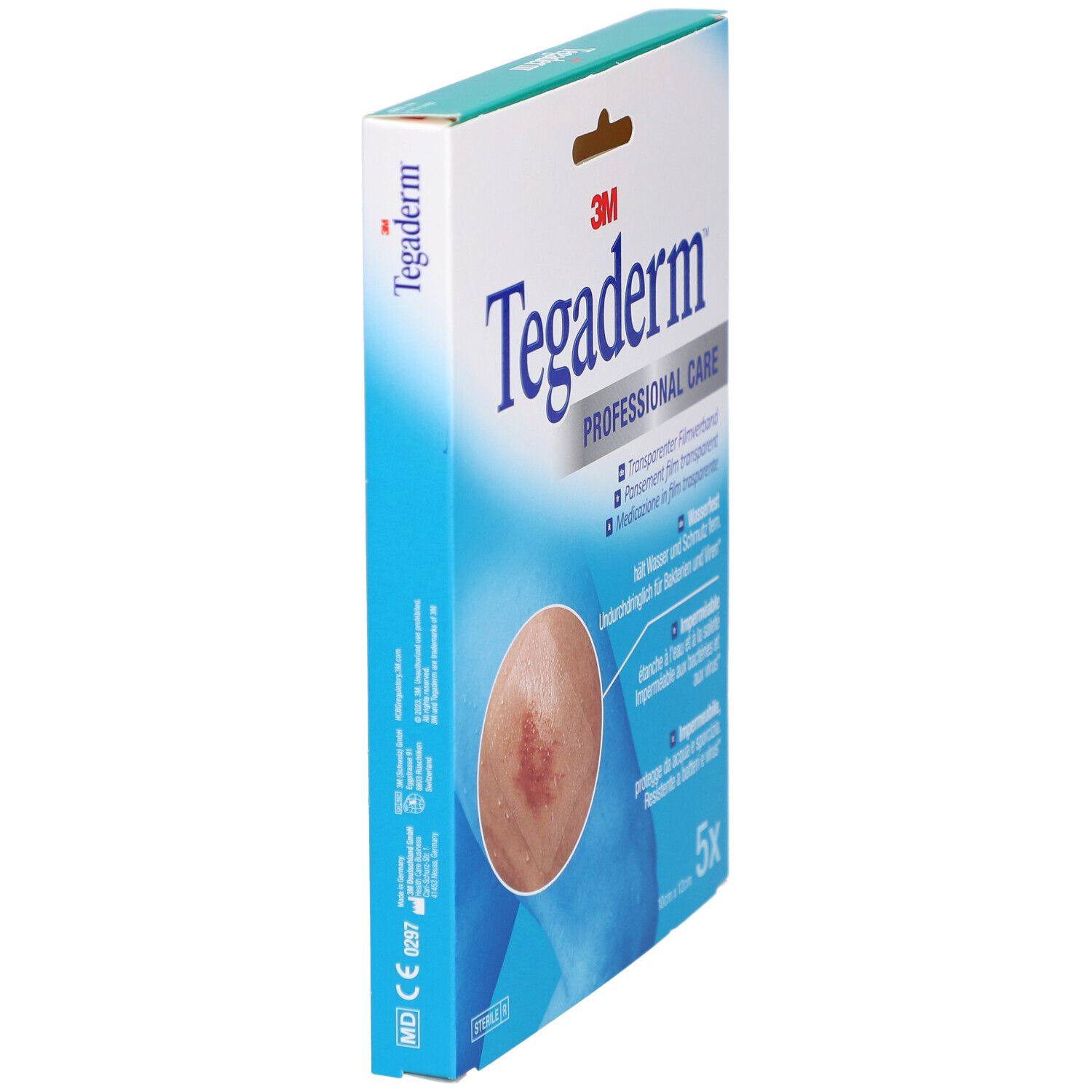 Seitenansicht der 3M Tegaderm Verpackung. Enthält 5 transparente Folienverbände. CE-Kennzeichnung.