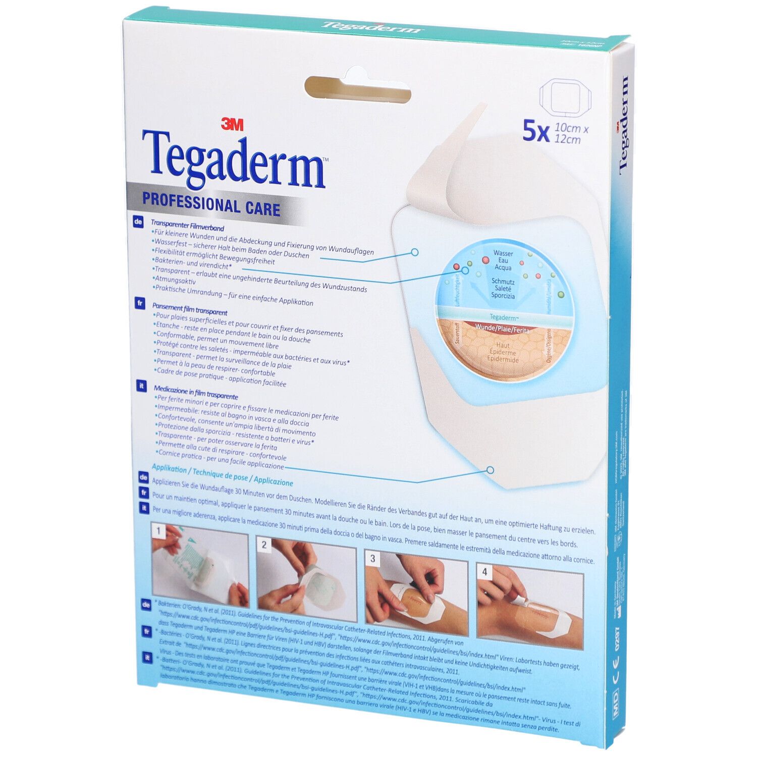 Rückseite der 3M Tegaderm Verpackung. Produktinformationen und Anwendungsanleitung. 5 Stück, 10 cm x 12 cm.