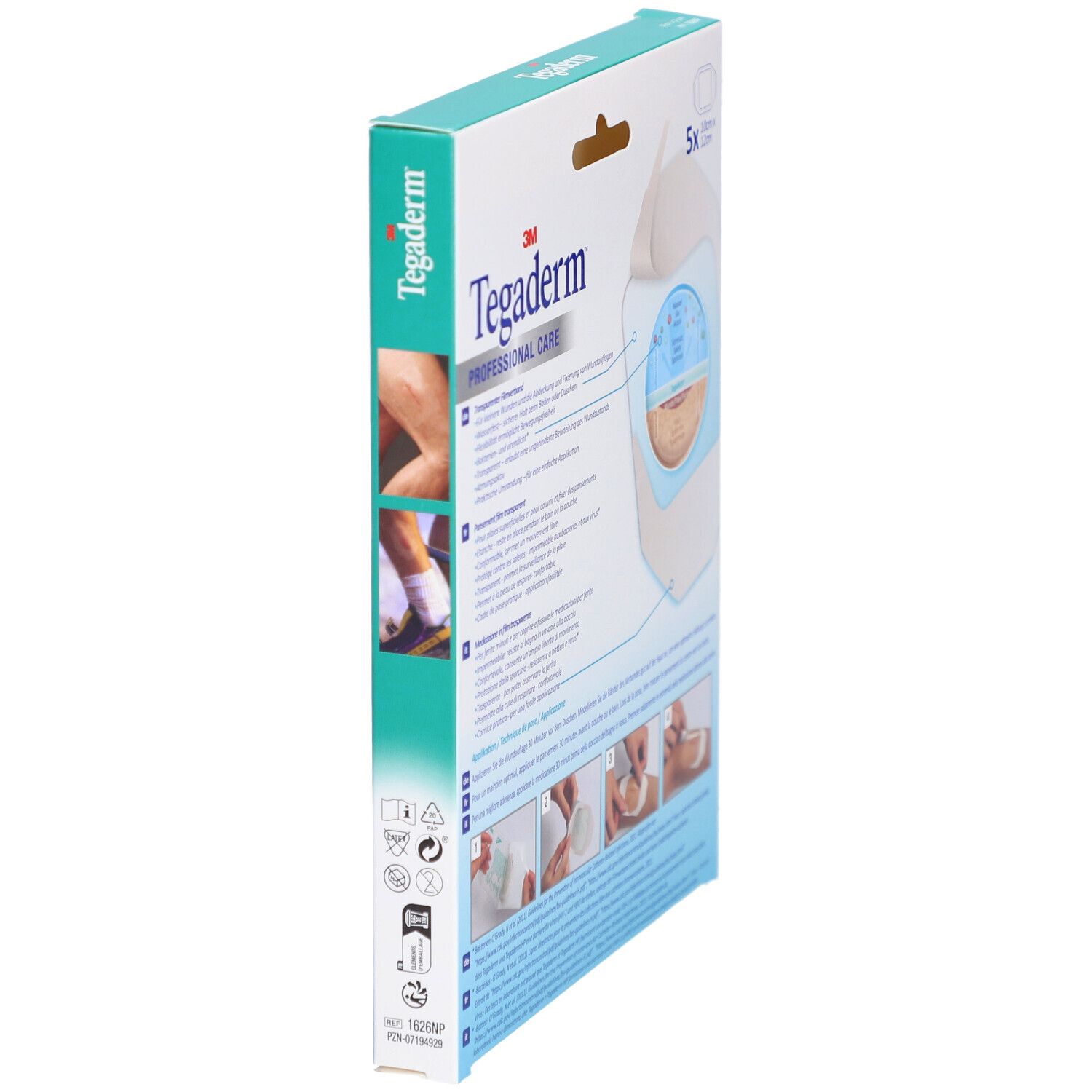 Seitenansicht der 3M Tegaderm Verpackung. Produktinformationen und Anwendungsbeispiele. CE-Kennzeichnung.
