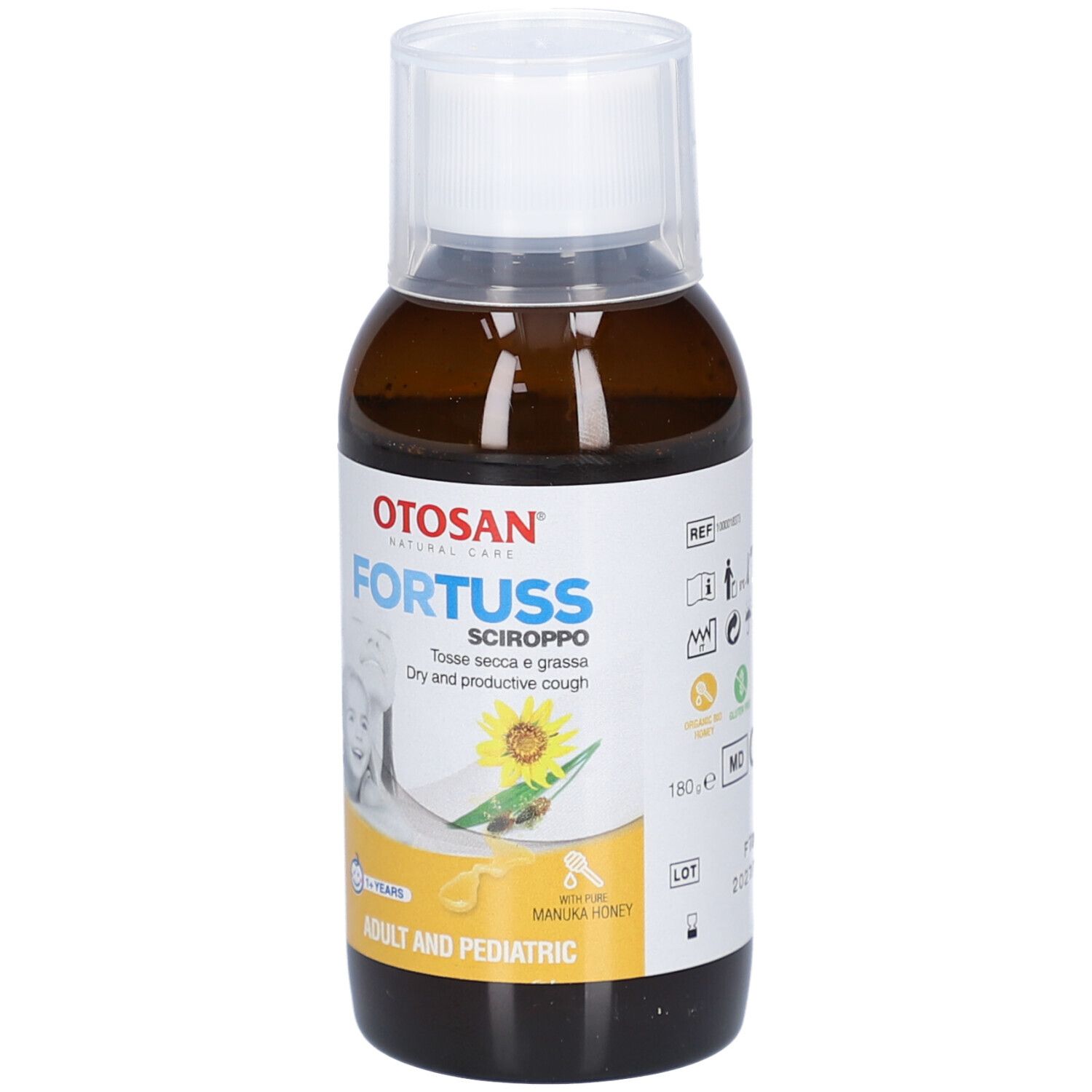 Flacon brun avec bouchon blanc. Étiquette avec nom du produit, tournesol et enfant. Texte: Adult and Pediatric.