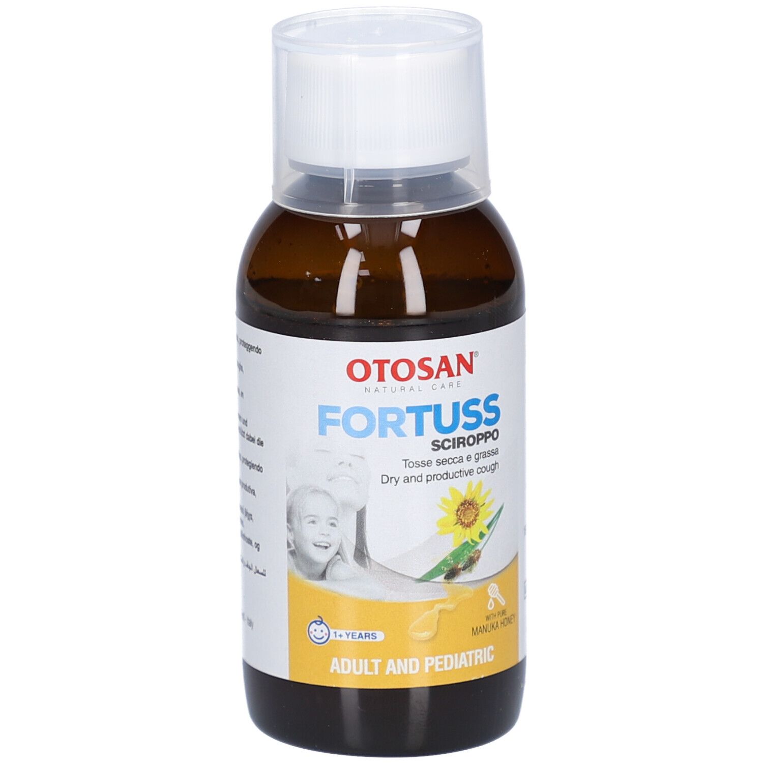 Flacon brun avec bouchon blanc. Étiquette avec nom du produit, tournesol et enfant. Texte: Adult and Pediatric.