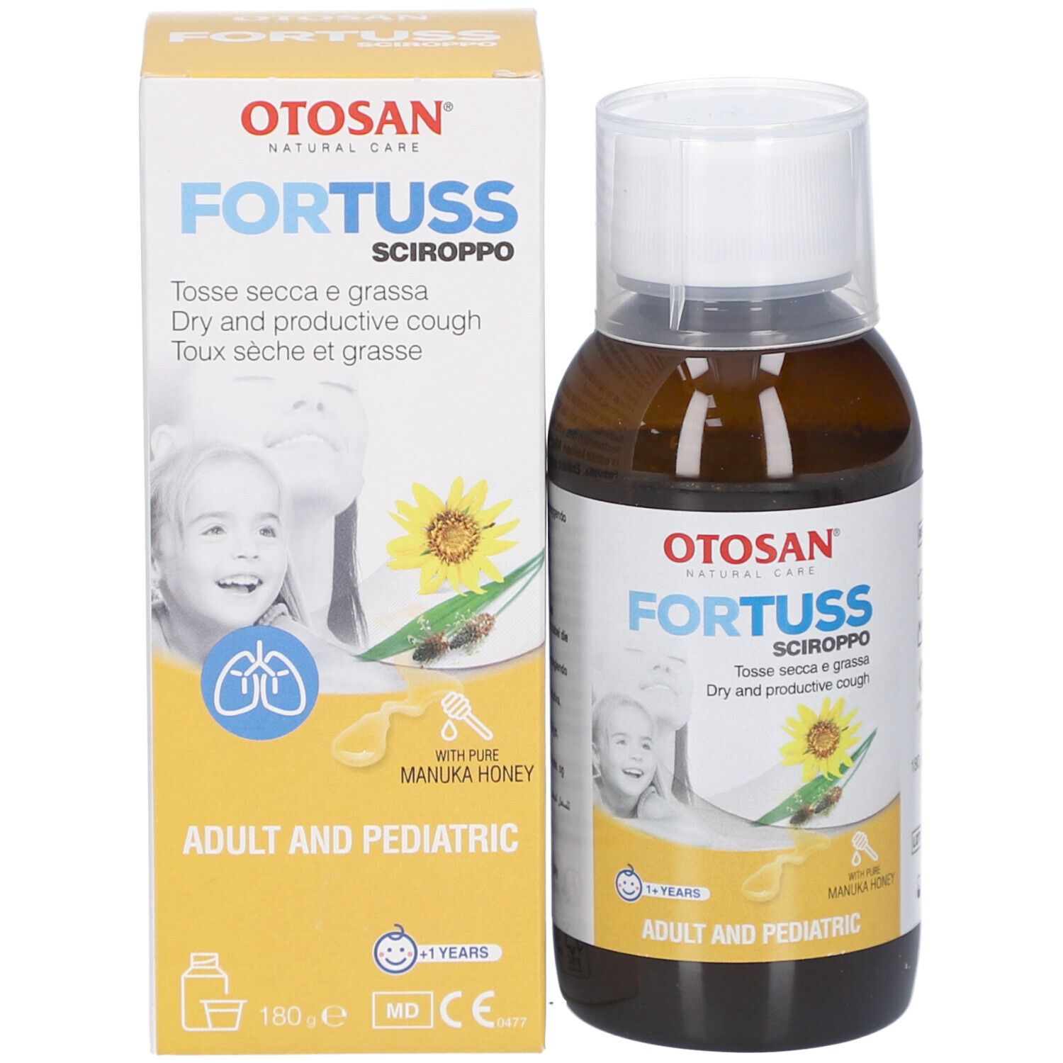 Flacon et emballage du produit. Emballage avec nom du produit, enfant et tournesol. Texte: Adult and Pediatric.