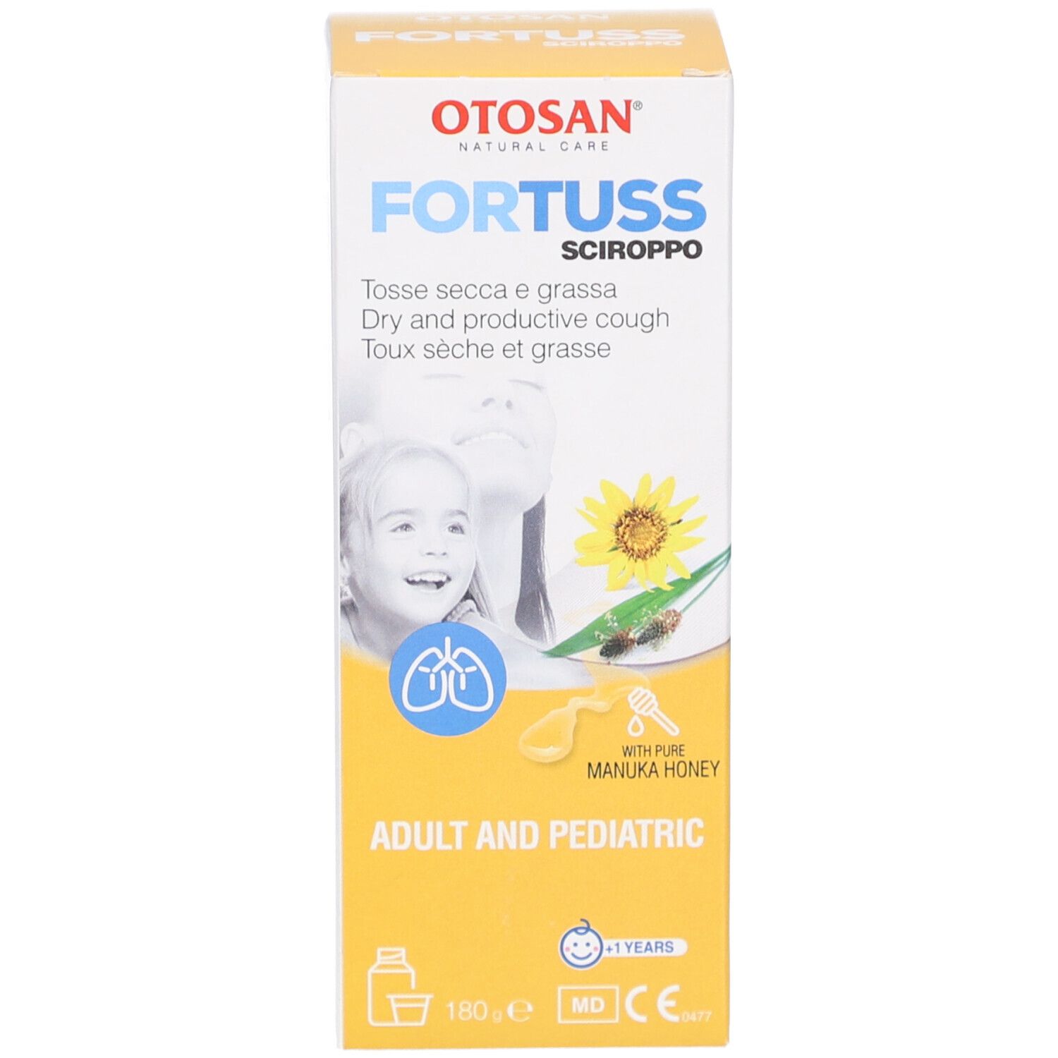 Emballage du produit. Emballage avec nom du produit, enfant et tournesol. Texte: Adult and Pediatric.