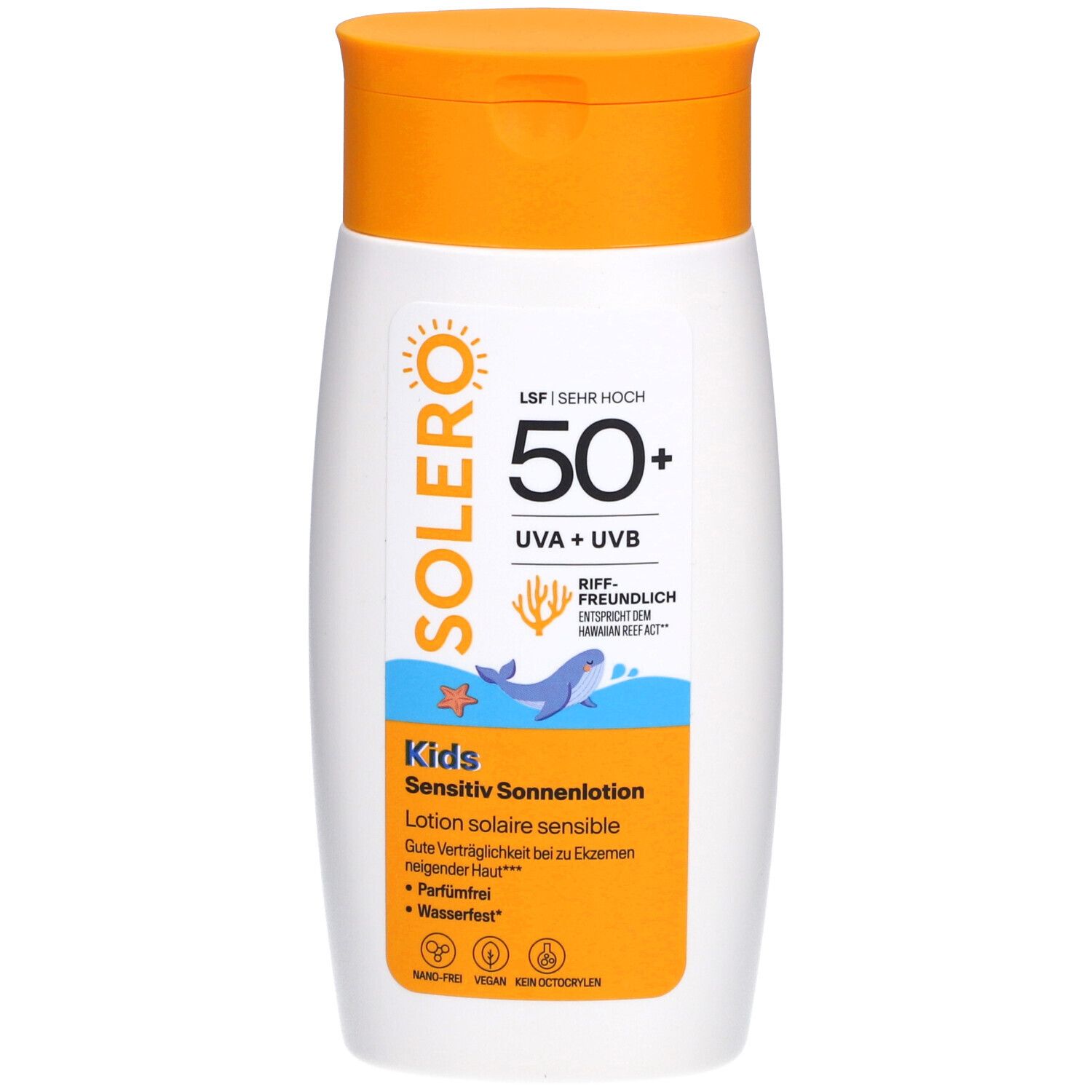 Weiße Flasche mit orangefarbenem Deckel. Aufschrift: SOLERO, 50+, UVA+UVB, Kids Sensitiv Sonnenlotion.