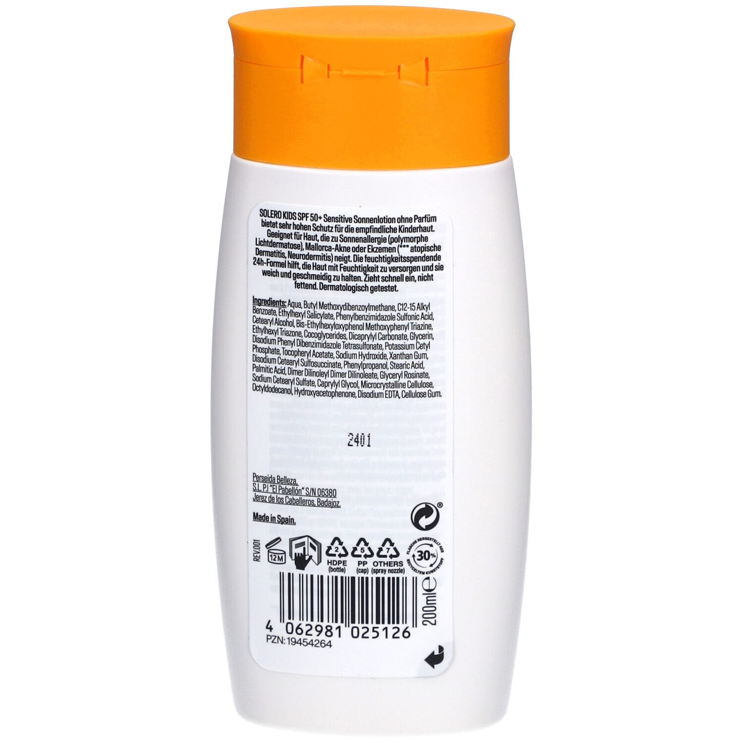 Rückseite der weißen Flasche. Text: SOLERO Sonnenschutz-Lotion Kinder SPF50+. Inhaltsstoffe, Recycling-Symbole, 200ml.
