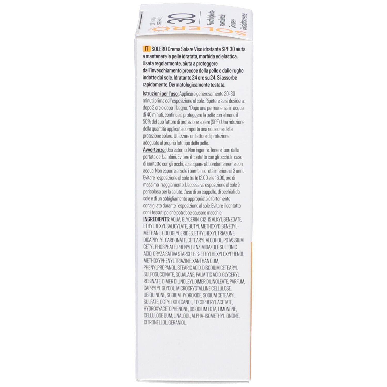 Rückseite der SOLERO Sonnencreme-Schachtel. Enthält Anweisungen, Inhaltsstoffe und Warnhinweise in mehreren Sprachen.