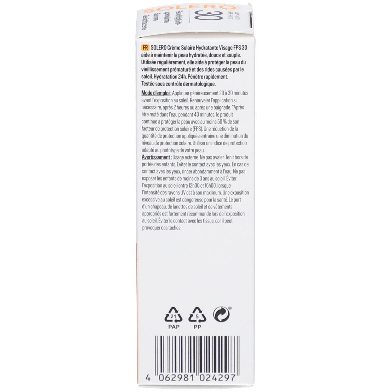 SOLERO Sonnencreme-Schachtel. Enthält Produktinformationen, Inhaltsstoffe, Warnhinweise und Barcode.