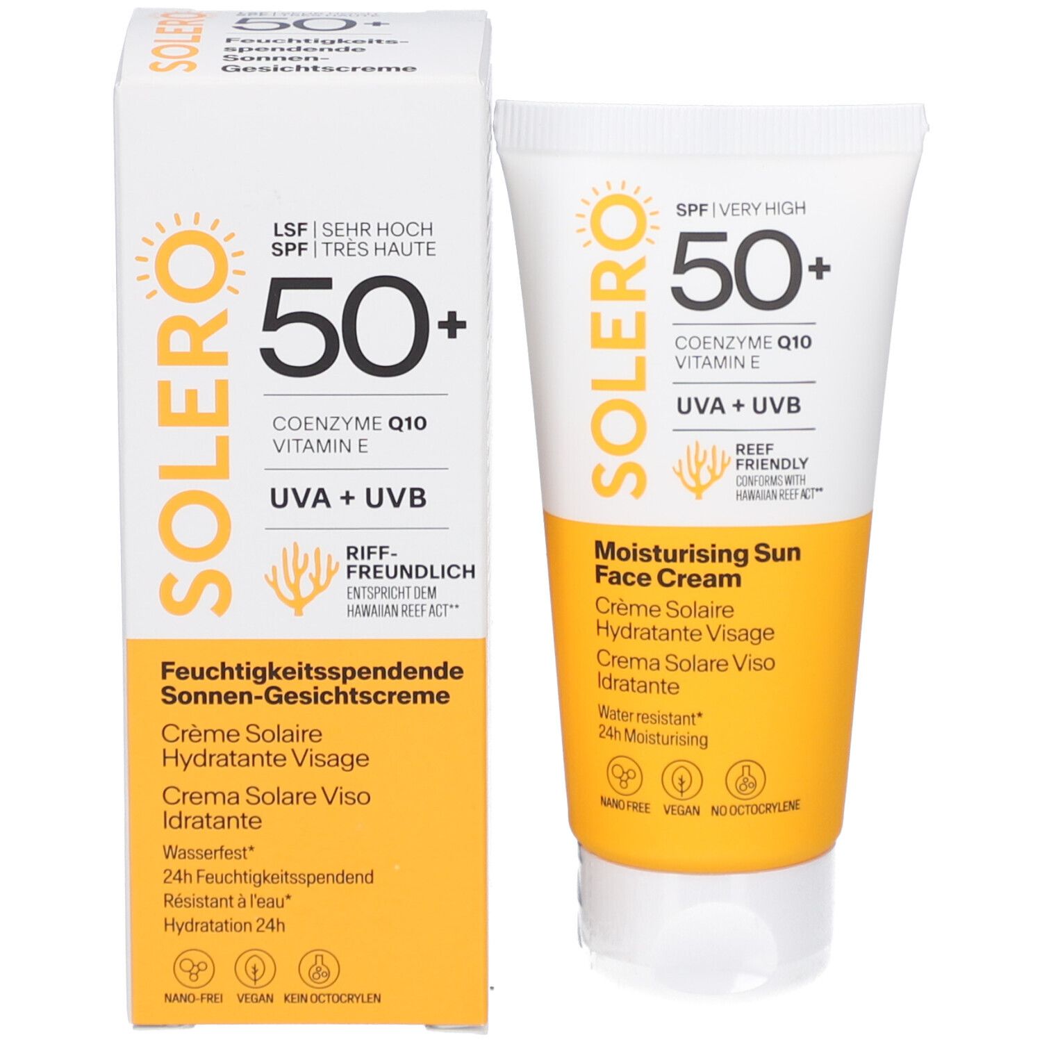 Produktverpackung mit Tube und Karton. Tube: SOLERO, SPF 50+, Coenzym Q10, Vitamin E, UVA+UVB. Karton: Feuchtigkeitsspendende Sonnen-Gesichtscreme.