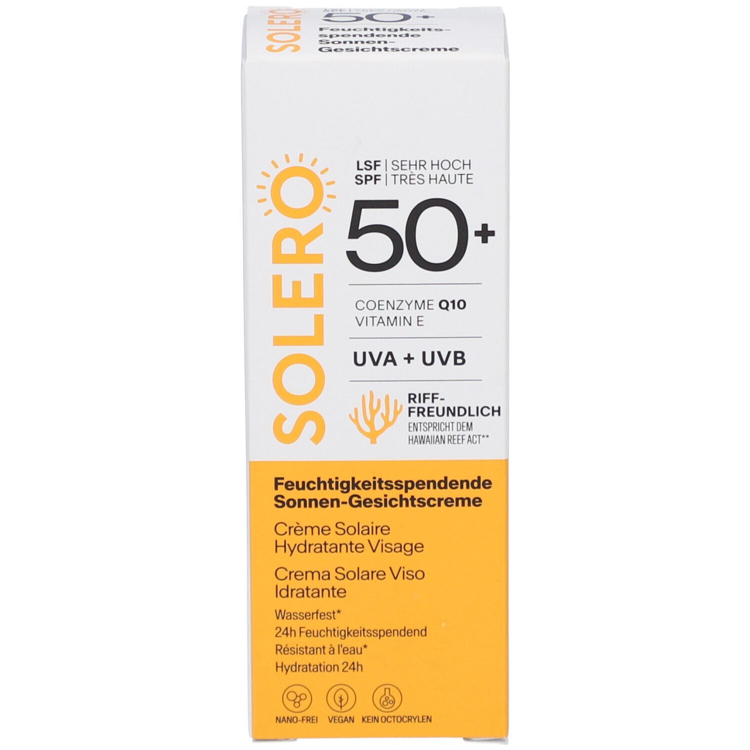 Kartonverpackung. Aufschrift SOLERO, SPF 50+, Coenzym Q10, Vitamin E, UVA+UVB. Feuchtigkeitsspendende Sonnen-Gesichtscreme. Riff-freundlich.
