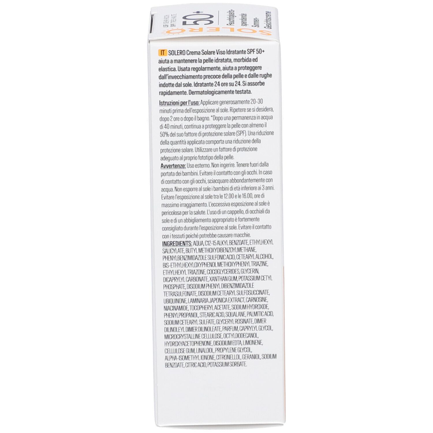 Rückseite der Kartonverpackung. Text in mehreren Sprachen. Angaben zur Anwendung, Inhaltsstoffe und Hersteller. Recycling-Symbole.