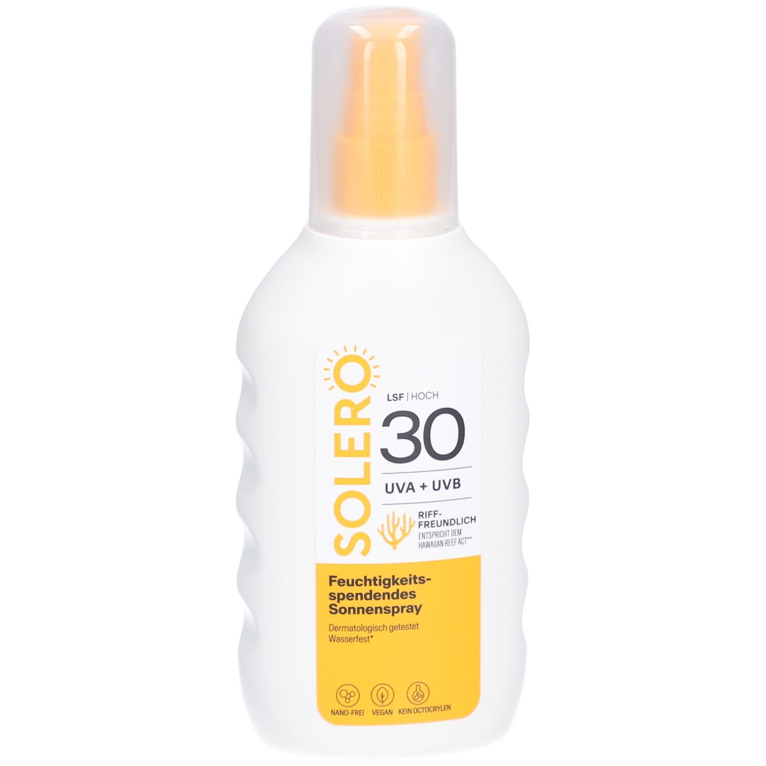Weiße Sprühflasche mit gelbem Aufdruck. SOLERO, LSF 30, UVA+UVB. Feuchtigkeitsspendendes Sonnenspray.