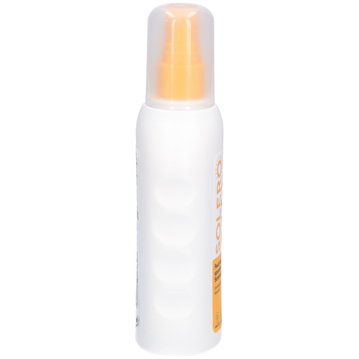Weiße Sprühflasche mit gelbem Aufdruck. SOLERO, LSF 30, UVA+UVB. Feuchtigkeitsspendendes Sonnenspray.