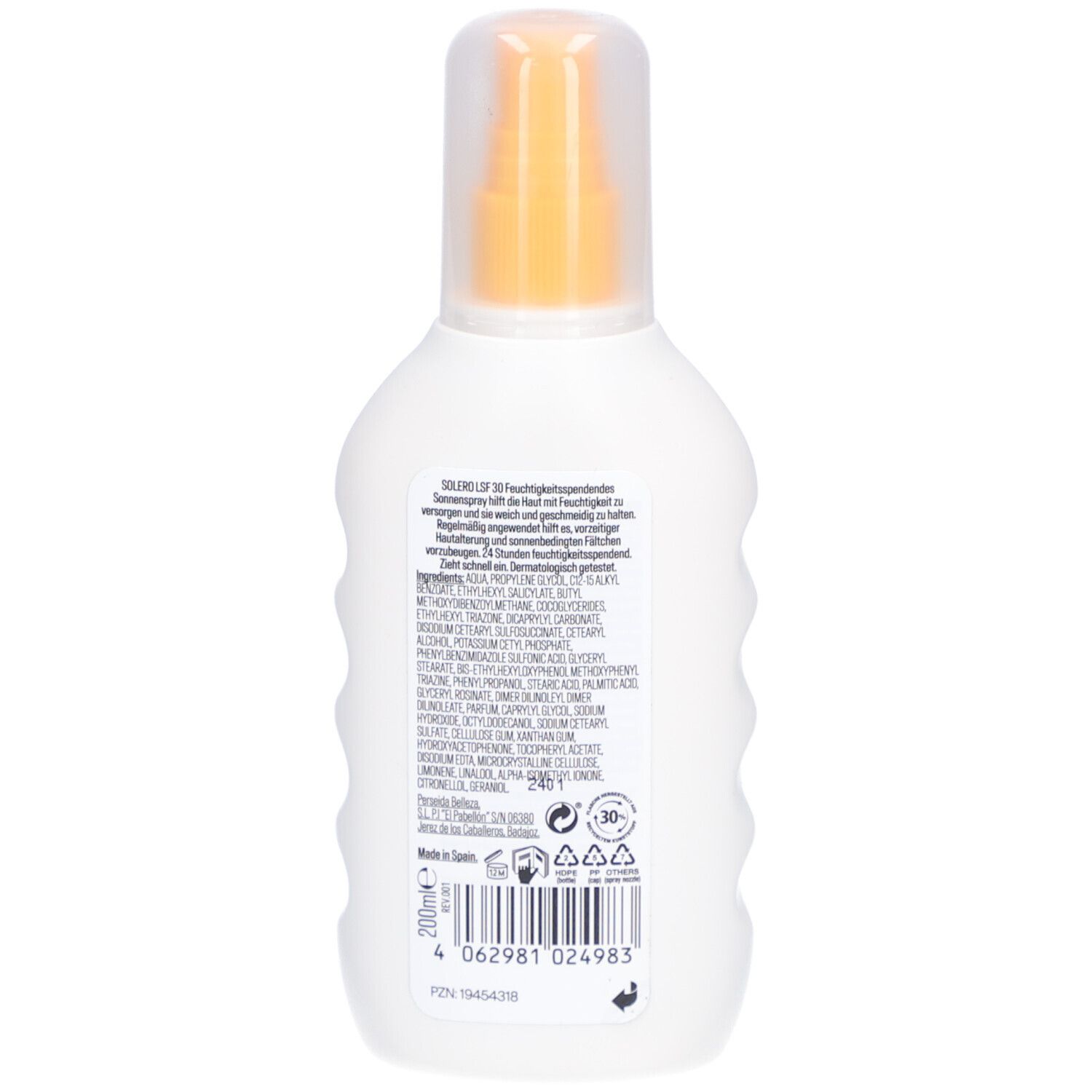 Rückseite einer weißen Sprühflasche. Text: SOLERO LSF 30, Inhaltsstoffe, 200ml, Barcode, Recycling-Symbole.