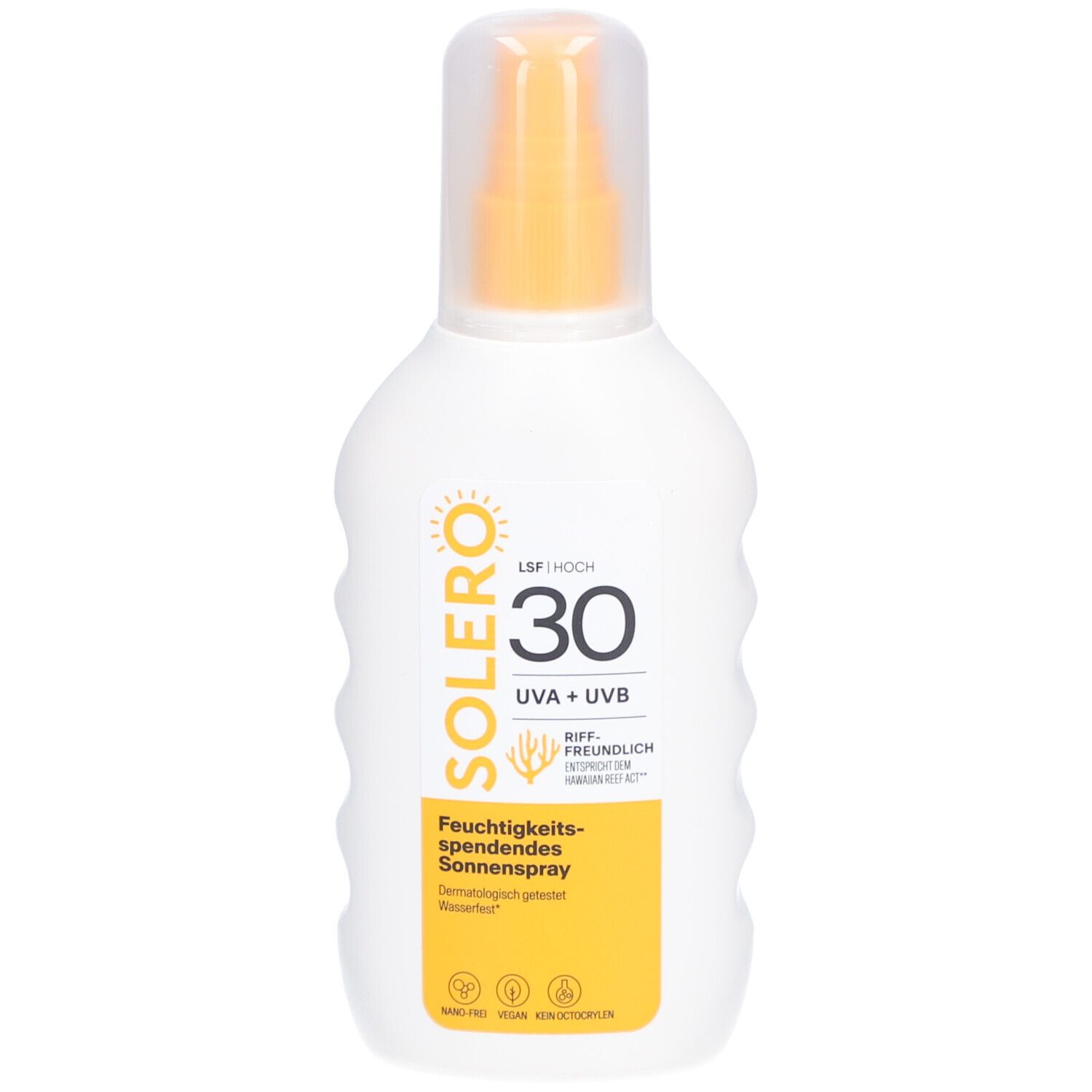Weiße Sprühflasche mit gelbem Aufdruck. SOLERO, LSF 30, UVA+UVB. Feuchtigkeitsspendendes Sonnenspray.