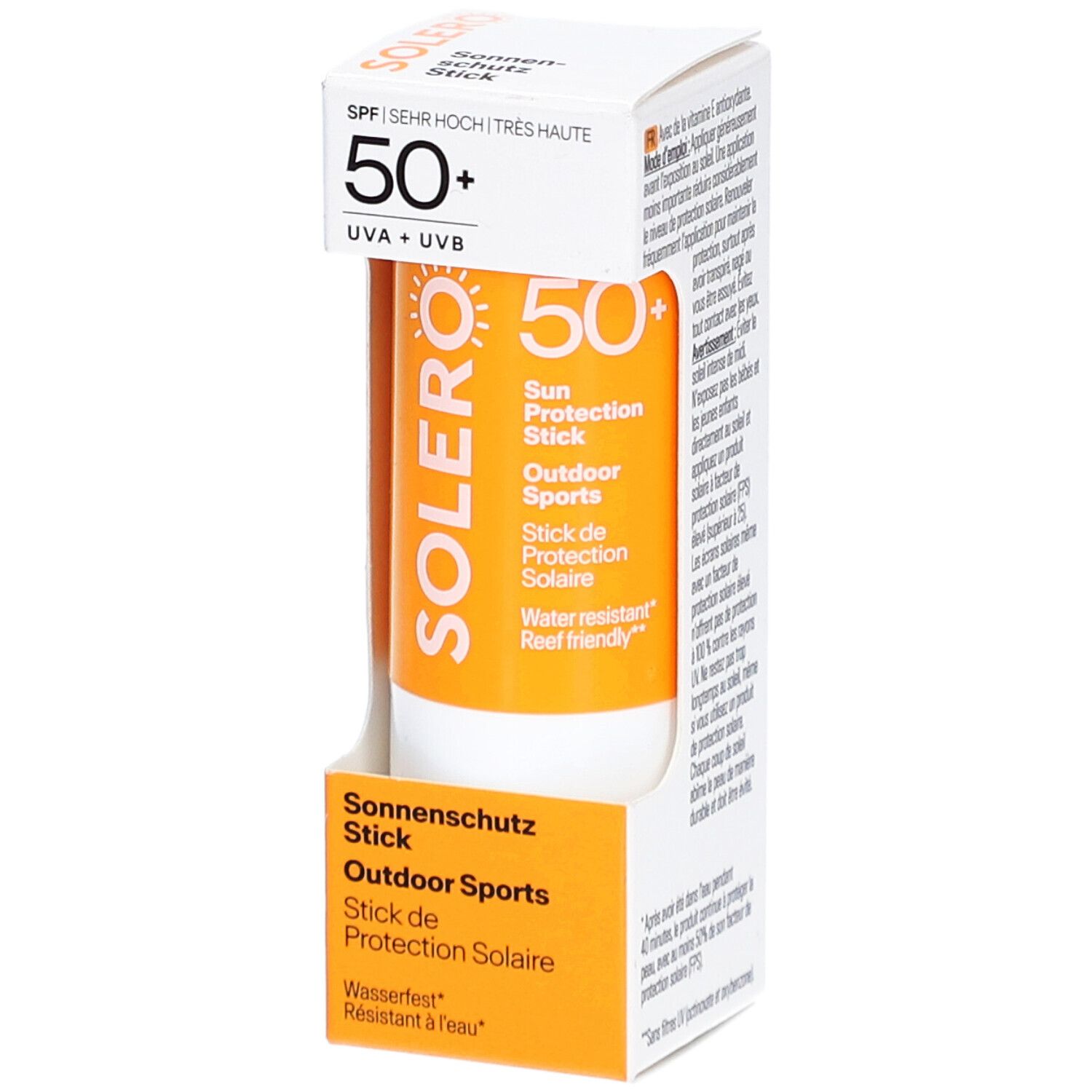 SOLERO stick solaire Outdoor Sport SPF50+ dans son emballage. Bâton orange avec base blanche. Texte: SPF 50+, UVA+UVB, résistant à l'eau.