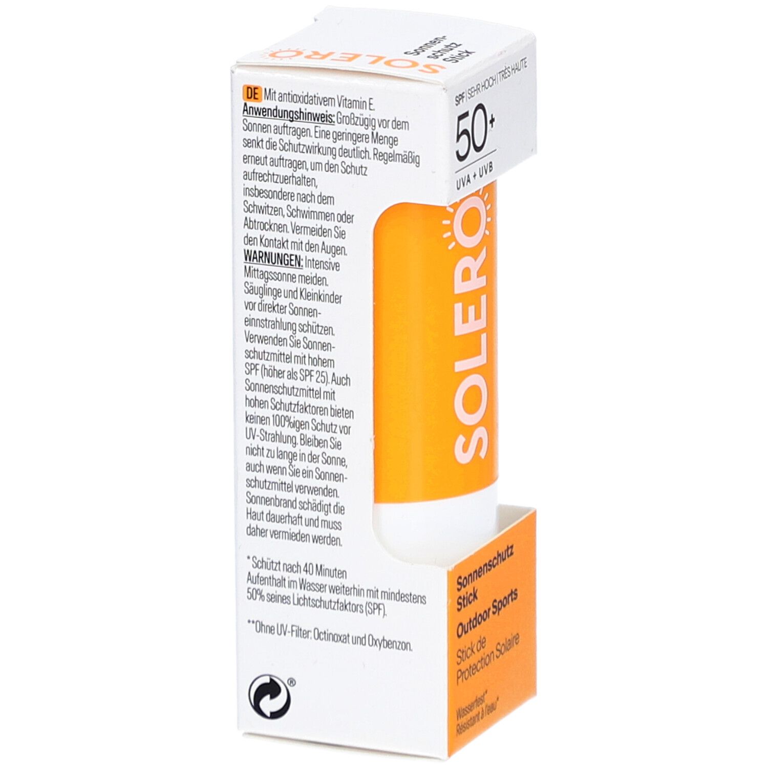 Emballage du stick solaire SOLERO. Texte: SPF 50+, UVA+UVB. Contient des informations sur l'utilisation et les ingrédients. Bâton orange visible.