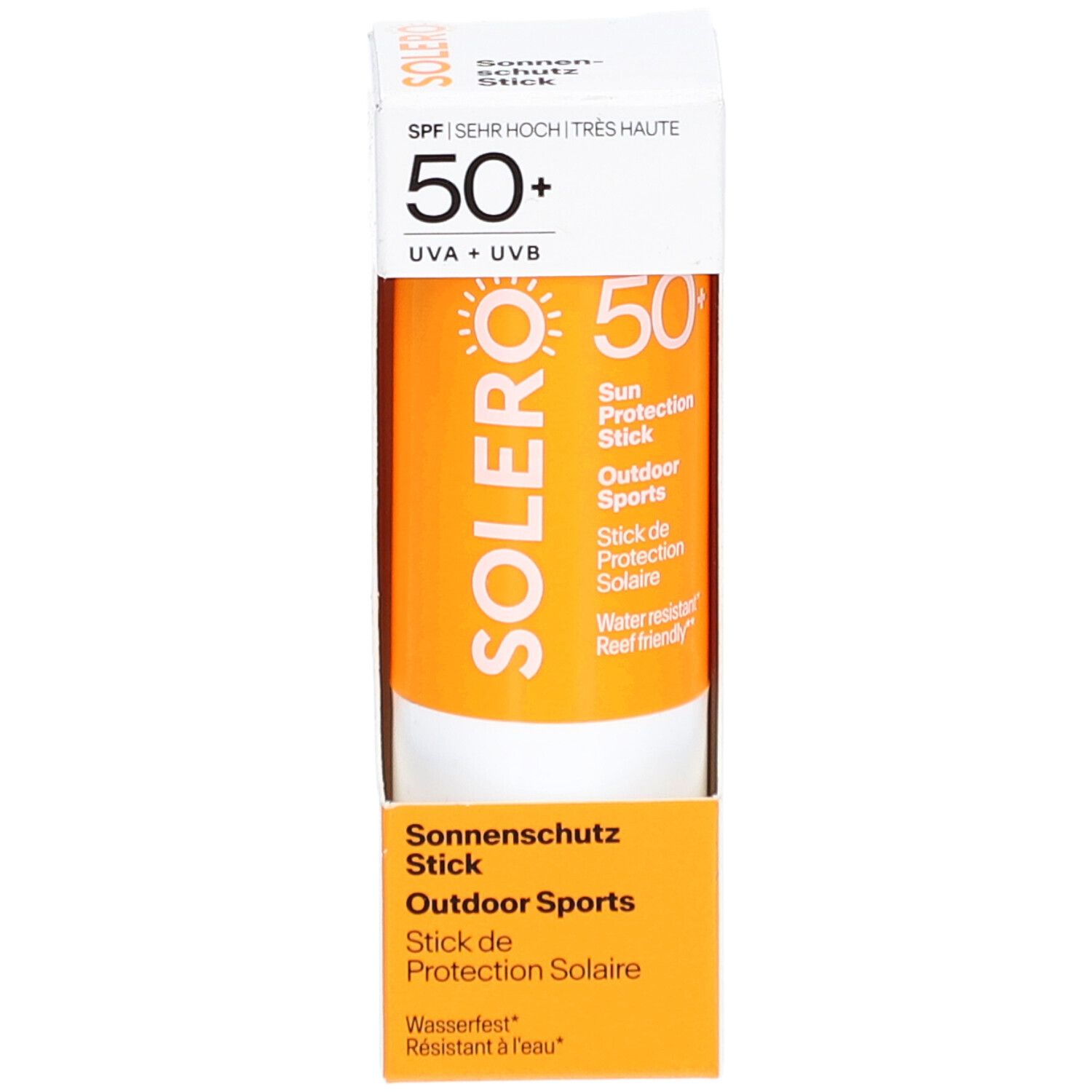 SOLERO stick solaire Outdoor Sport SPF50+ dans son emballage. Bâton orange avec base blanche. Texte: SPF 50+, UVA+UVB, résistant à l'eau.