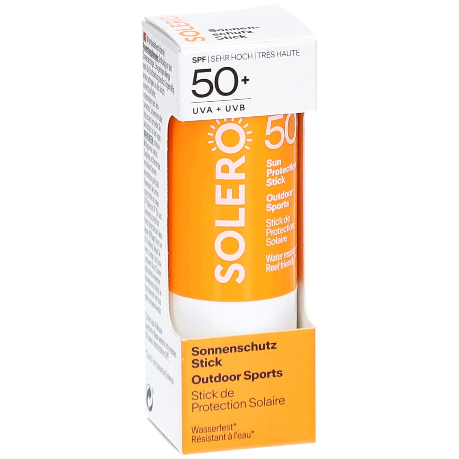 SOLERO stick solaire Outdoor Sport SPF50+ dans son emballage. Bâton orange avec base blanche. Texte: SPF 50+, UVA+UVB, résistant à l'eau.