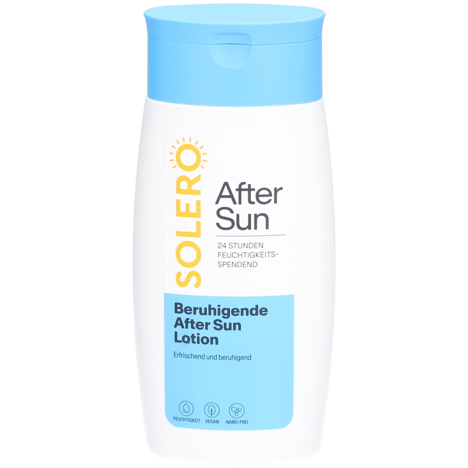 SOLERO After Sun Lotion. Weiße Flasche mit blauem Deckel. Text: After Sun, Beruhigende After Sun Lotion. Logos: vegan, nano-frei.