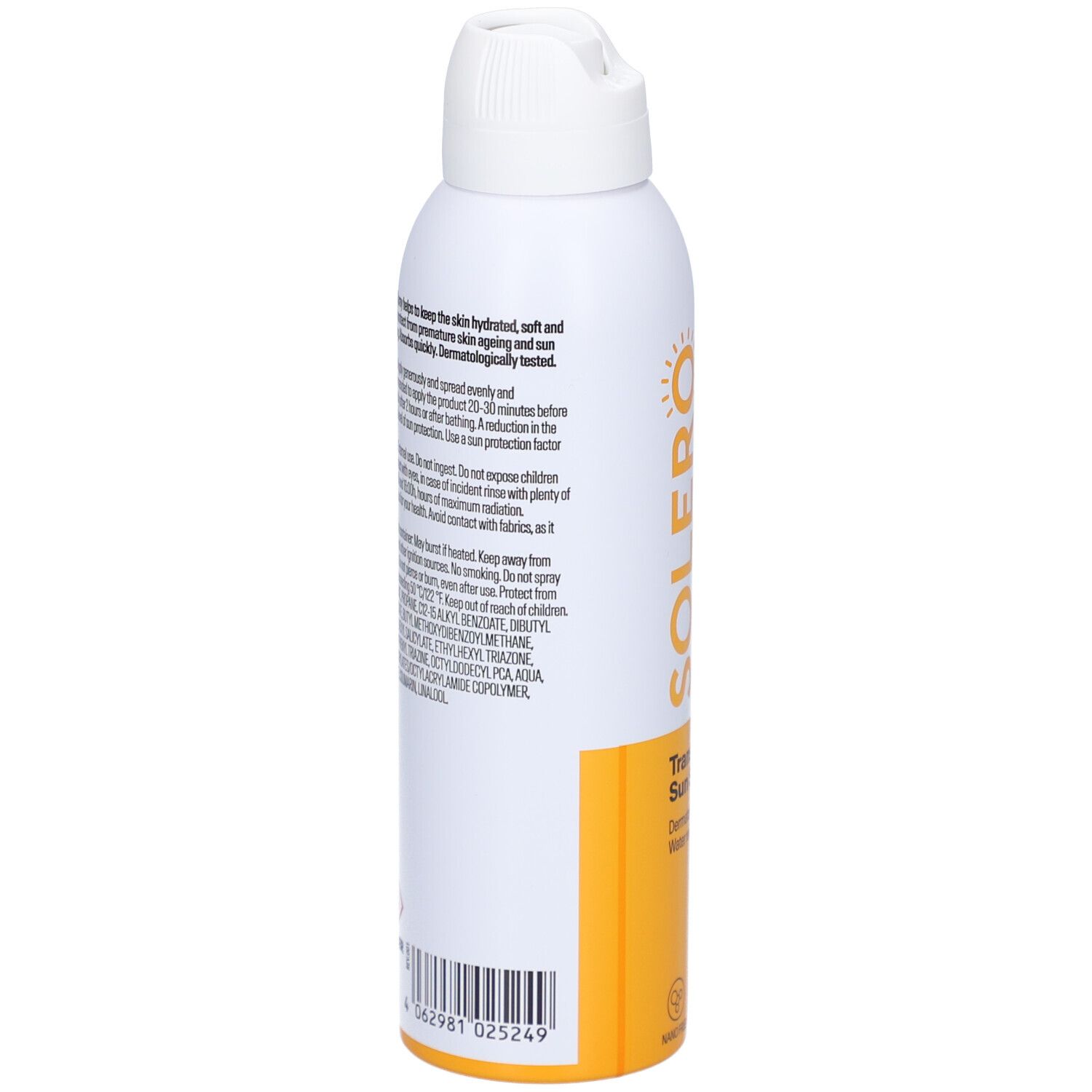 Rückseite der weißen Sprühflasche mit Text. Enthält Inhaltsstoffe, Warnhinweise und Barcode.