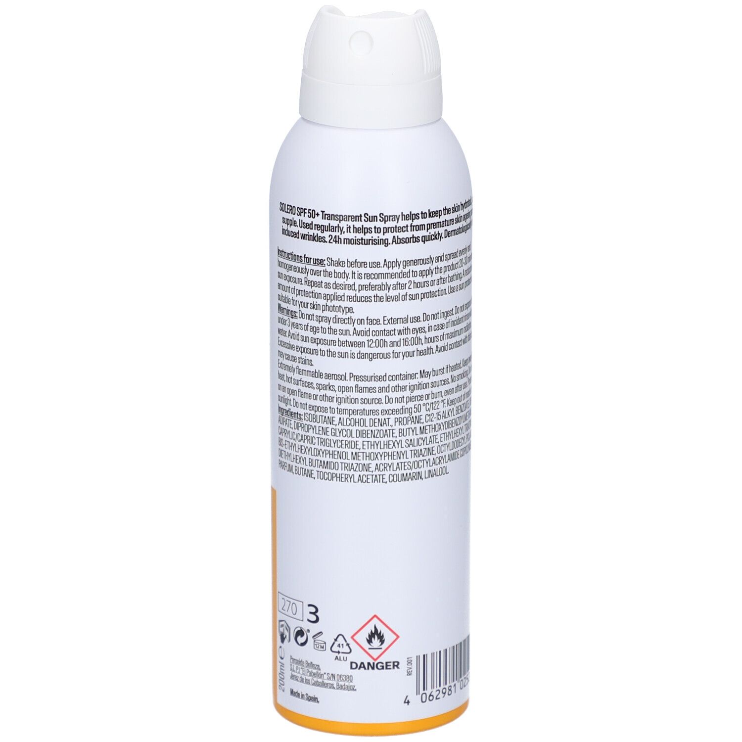 Rückseite der weißen Sprühflasche mit Text. Enthält Anwendungshinweise, Warnhinweise und Gefahrensymbole.