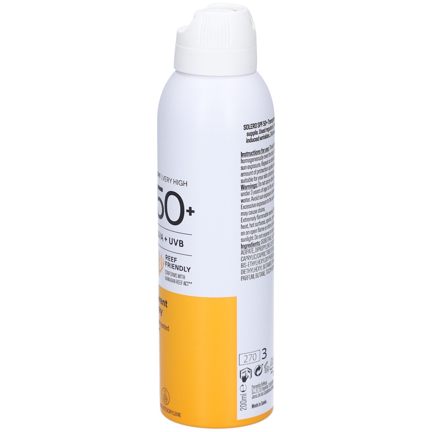 Weiße Sprühflasche mit Text. Enthält SPF 50+, UVA+UVB, Transparent Sun Spray. 200ml.