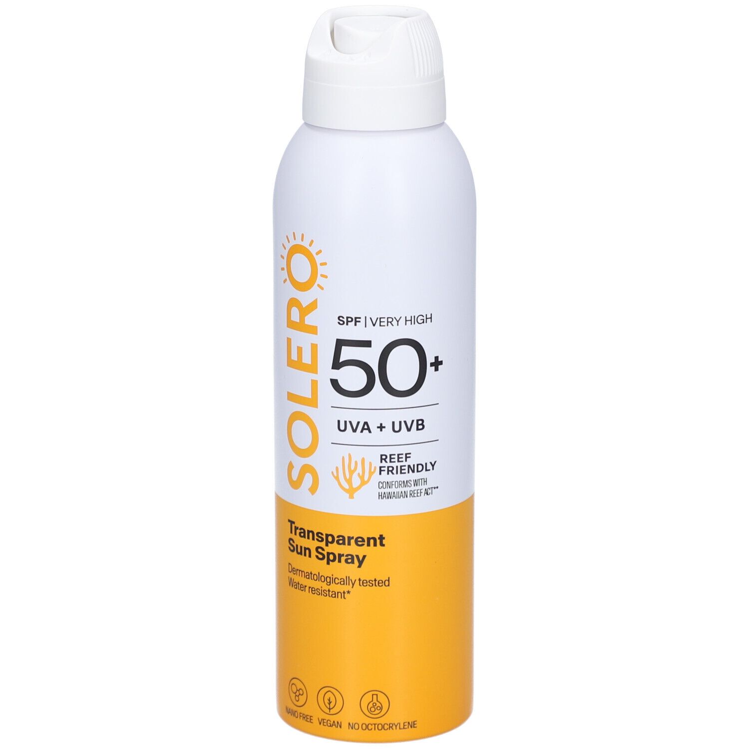 Weiße Sprühflasche mit SOLERO-Logo, SPF 50+, UVA+UVB, Transparent Sun Spray. Wasserfest.
