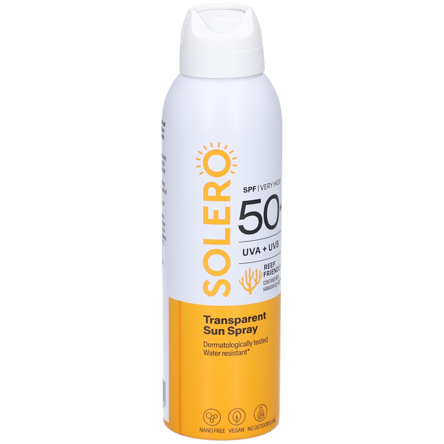 Weiße Sprühflasche mit SOLERO-Logo, SPF 50+, UVA+UVB, Transparent Sun Spray. Wasserfest.