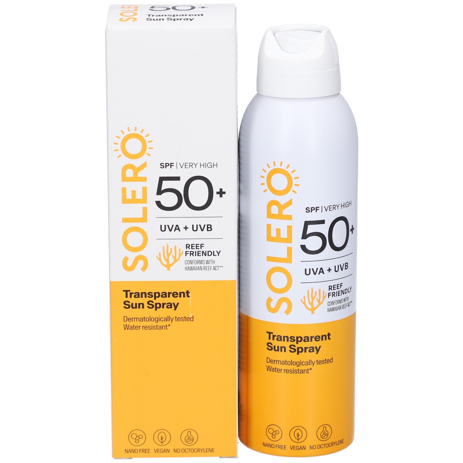 Weiße Sprühflasche und Schachtel mit SOLERO-Logo, SPF 50+, UVA+UVB, Transparent Sun Spray. Wasserfest.