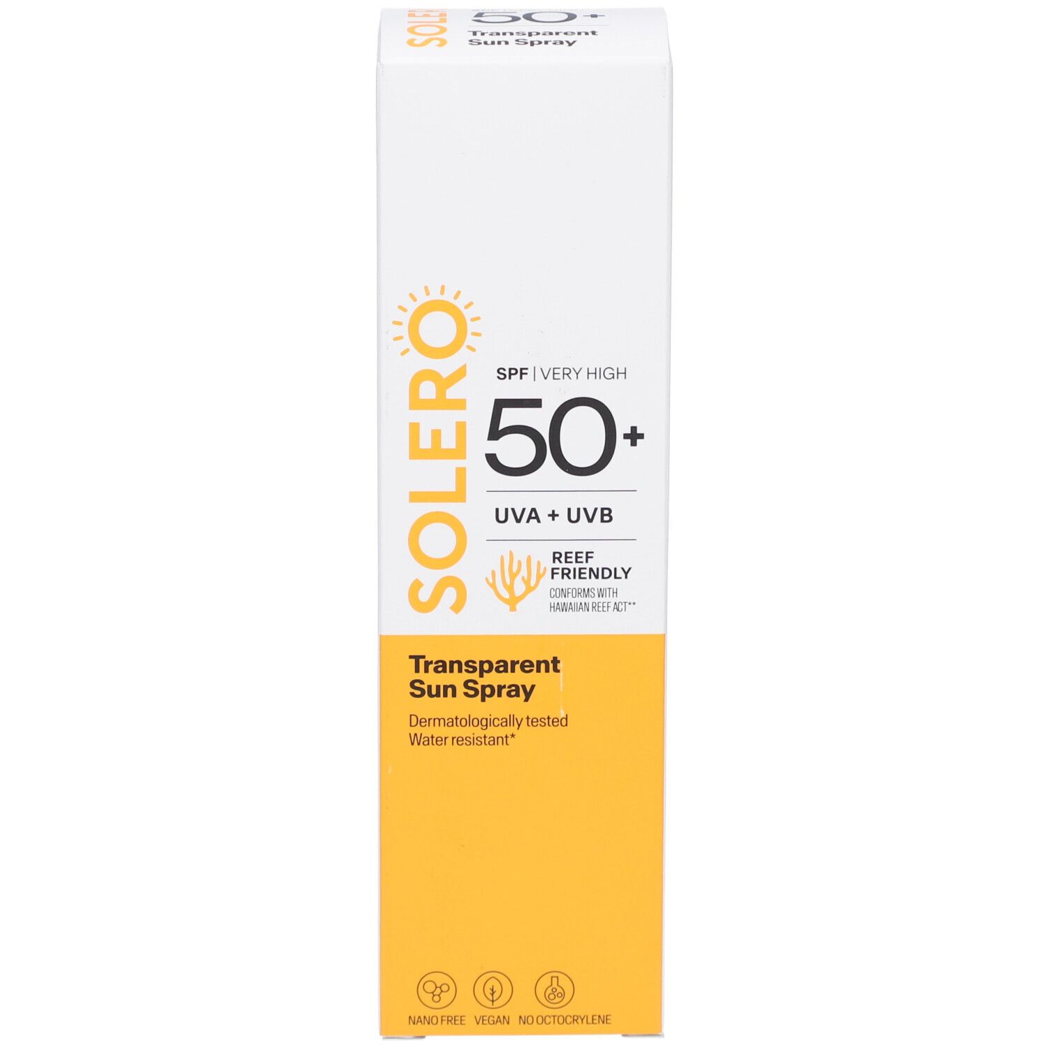 Schachtel mit SOLERO-Logo, SPF 50+, UVA+UVB, Transparent Sun Spray. Wasserfest.