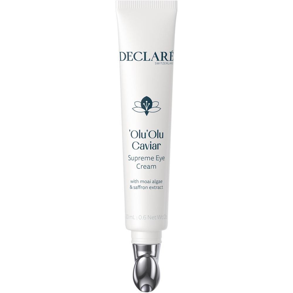 Weiße Tube mit DECLARÉ-Logo und Produktbezeichnung. Enthält 'Olu'Olu Caviar Supreme Eye Cream. Mit Applikator.