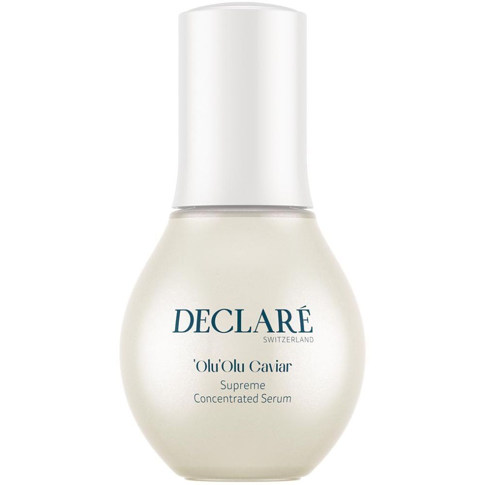 Serumflasche mit weißem Deckel. Aufschrift: DECLARÉ, 'Olu 'Olu Caviar, Supreme Concentrated Serum.