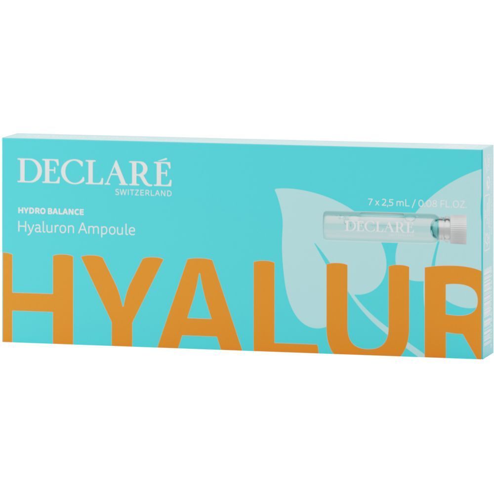 Türkisblaue Schachtel mit DECLARÉ-Logo und Produktnamen. Enthält sieben Ampullen. Aufschrift: Hyaluron Ampoule.