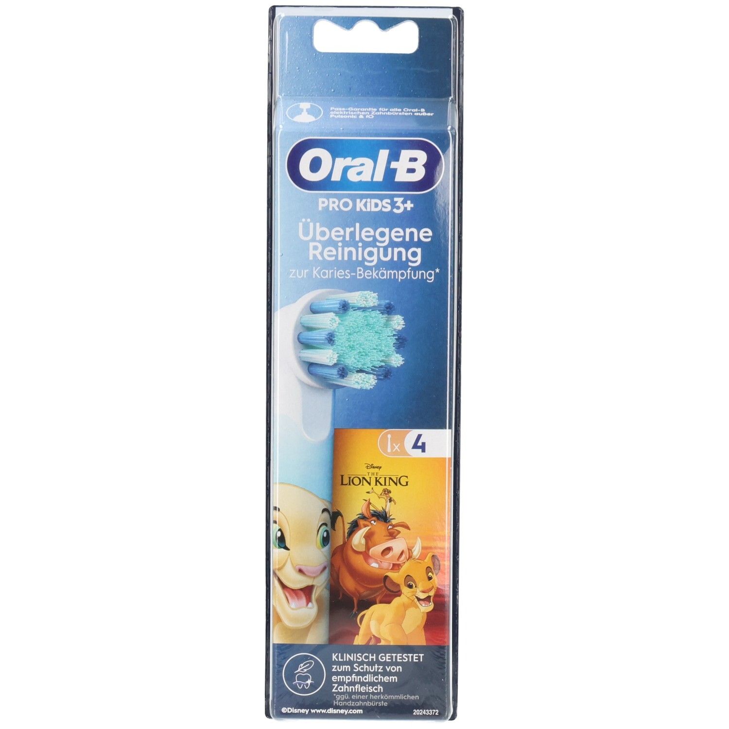 Zahnbürstenaufsatz für Kinder. Verpackung mit Oral-B Logo, König der Löwen-Motiv und Produktinformationen.