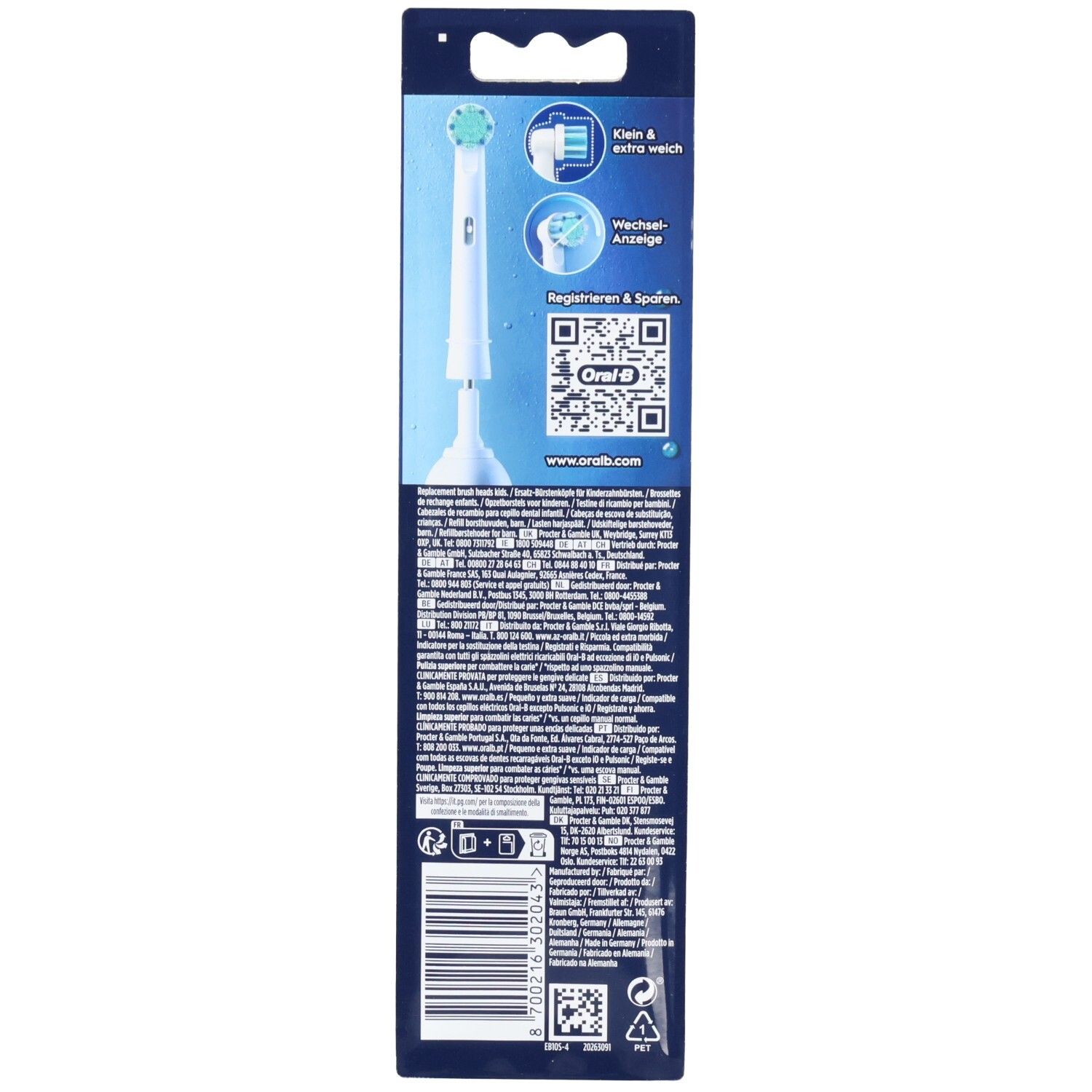 Rückseite der Zahnbürstenaufsatz-Verpackung. Enthält Produktinformationen, QR-Code und Oral-B Logo.