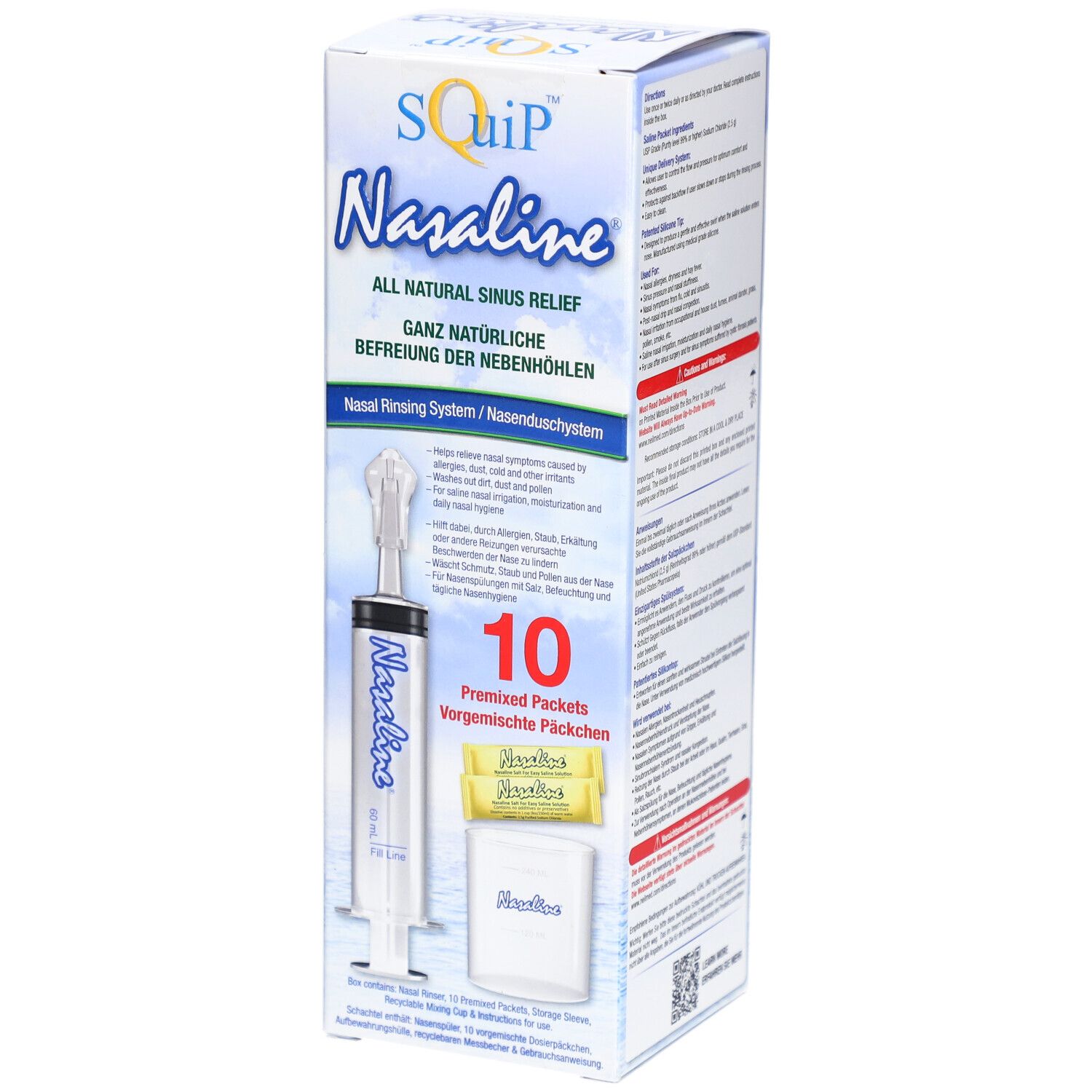 Nasaline Nasenduschsystem Set. Box mit Nasenspülung, Spritze, 10 Päckchen. Aufdruck: Nasaline, SQuip.