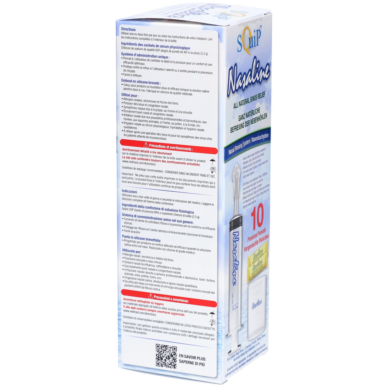 Rückseite der Nasaline-Box. Text in Deutsch, Informationen zum Produkt, Anwendung, Inhaltsstoffe. QR-Code.