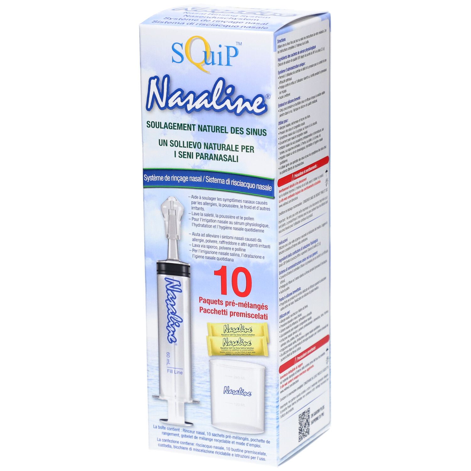 Nasaline-Box. Nasenspülsystem, Spritze, 10 Päckchen. Aufdruck: Nasaline, SQuip. Text: Natürliche Linderung der Nebenhöhlen.