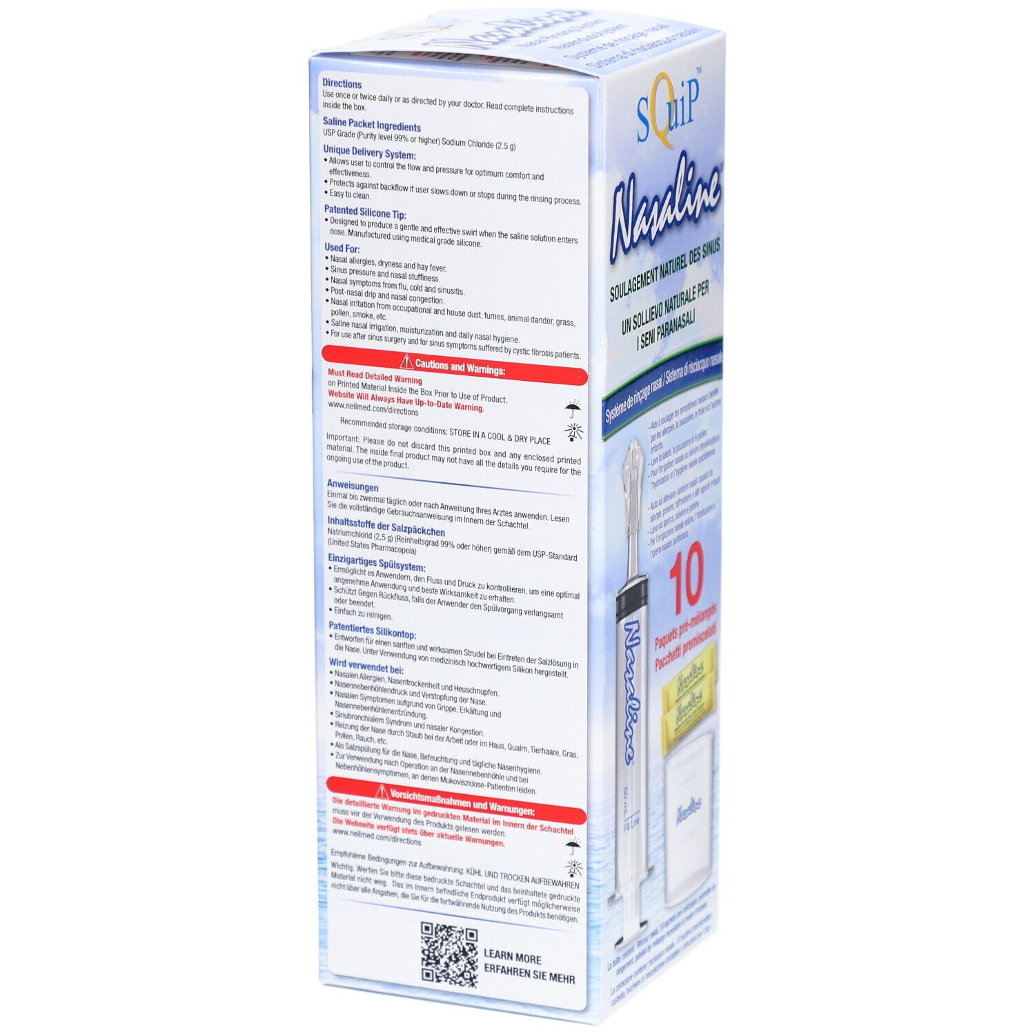 Rückseite der Nasaline-Box. Text in Deutsch, Informationen zum Produkt, Anwendung, Inhaltsstoffe. QR-Code.
