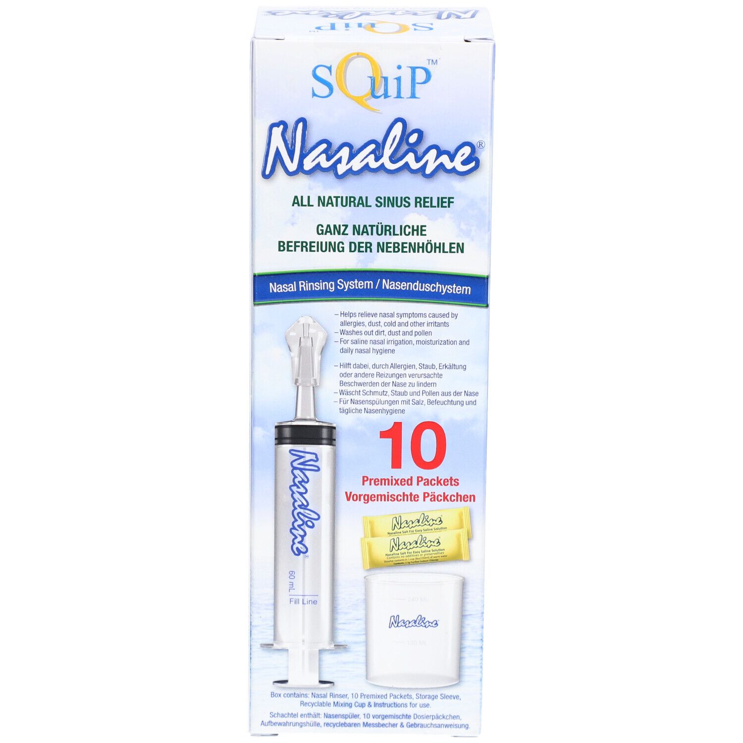 Nasaline-Box. Nasenspülsystem, Spritze, 10 Päckchen. Aufdruck: Nasaline, SQuip. Text: Natürliche Linderung der Nebenhöhlen.