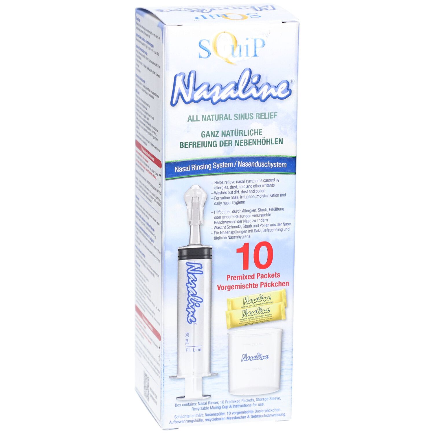 Nasaline-Box. Nasenspülsystem, Spritze, 10 Päckchen. Aufdruck: Nasaline, SQuip. Text: Natürliche Linderung der Nebenhöhlen.