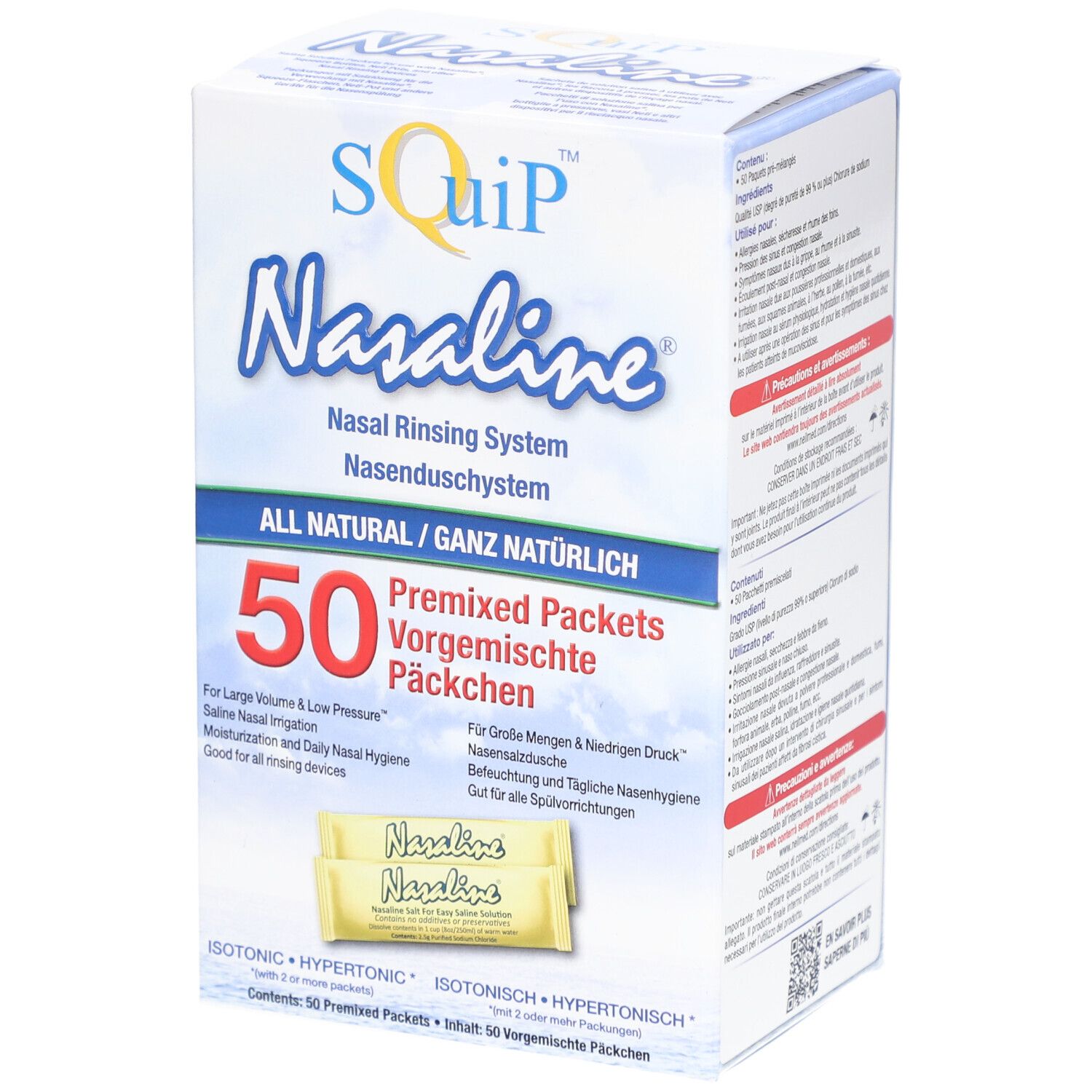 Verpackung von Nasaline Nasenspülsalz. Enthält 50 vorgefertigte Päckchen. Aufschrift: Nasal Rinsing System, ALL NATURAL.