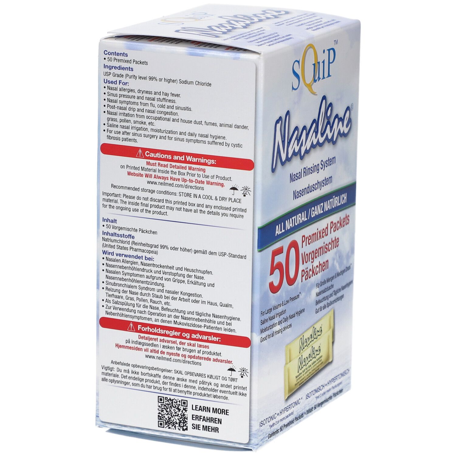 Verpackung von Nasaline Nasenspülsalz. Enthält 50 vorgefertigte Päckchen. Rückseite mit Inhaltsangaben und Warnhinweisen.