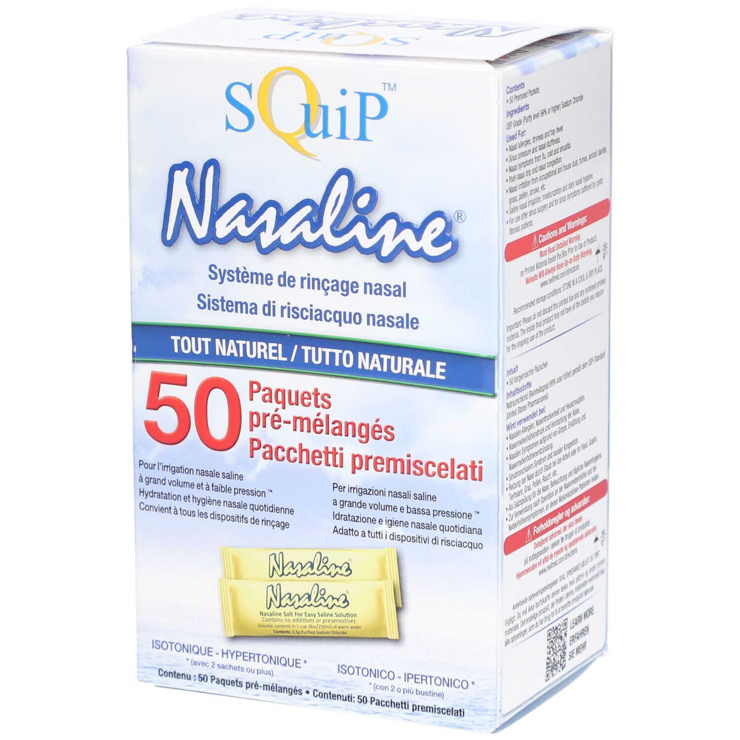 Verpackung von Nasaline Nasenspülsalz. Enthält 50 vorgefertigte Päckchen. Aufschrift: Nasal Rinsing System, ALL NATURAL.