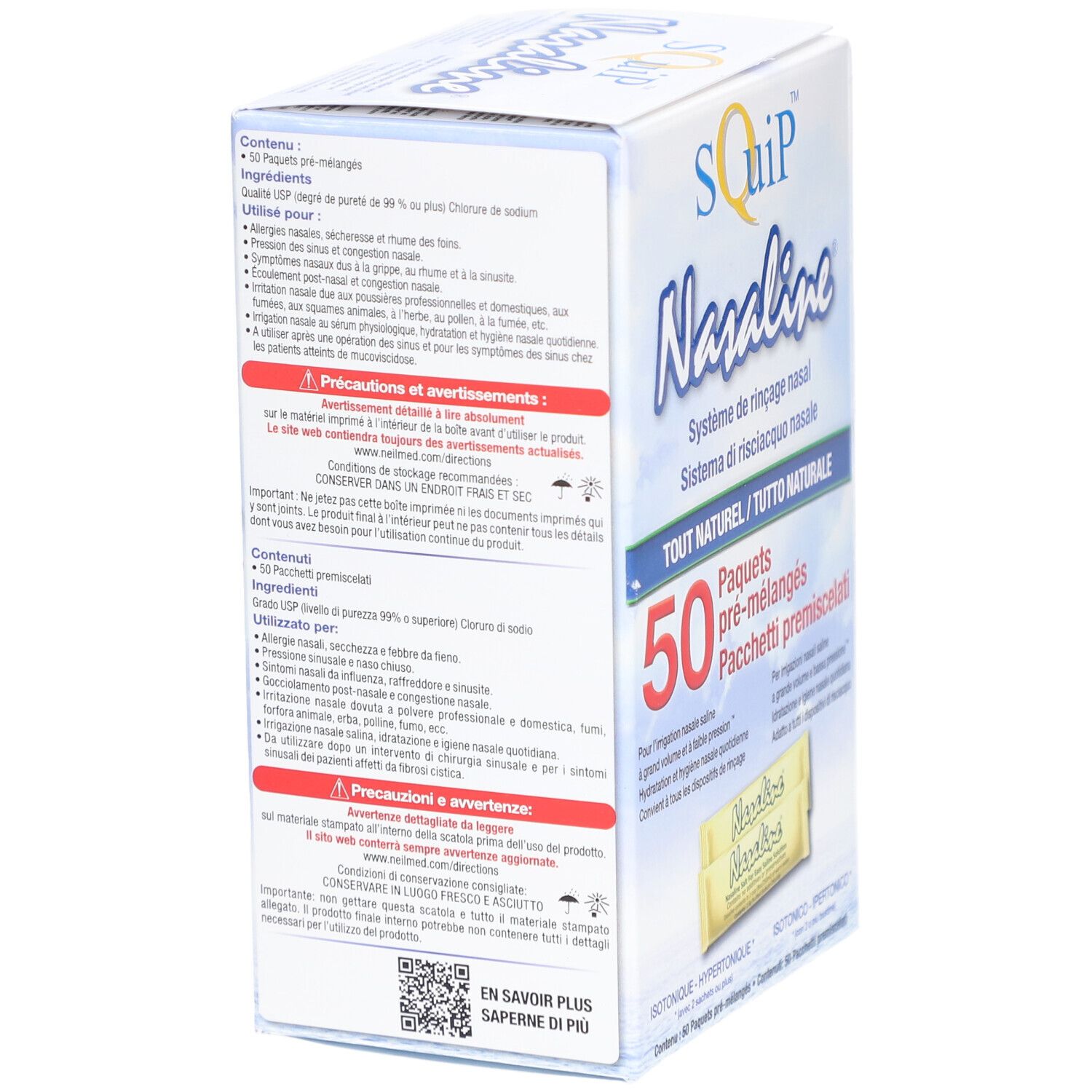 Verpackung von Nasaline Nasenspülsalz. Enthält 50 vorgefertigte Päckchen. Rückseite mit Inhaltsangaben und Warnhinweisen.
