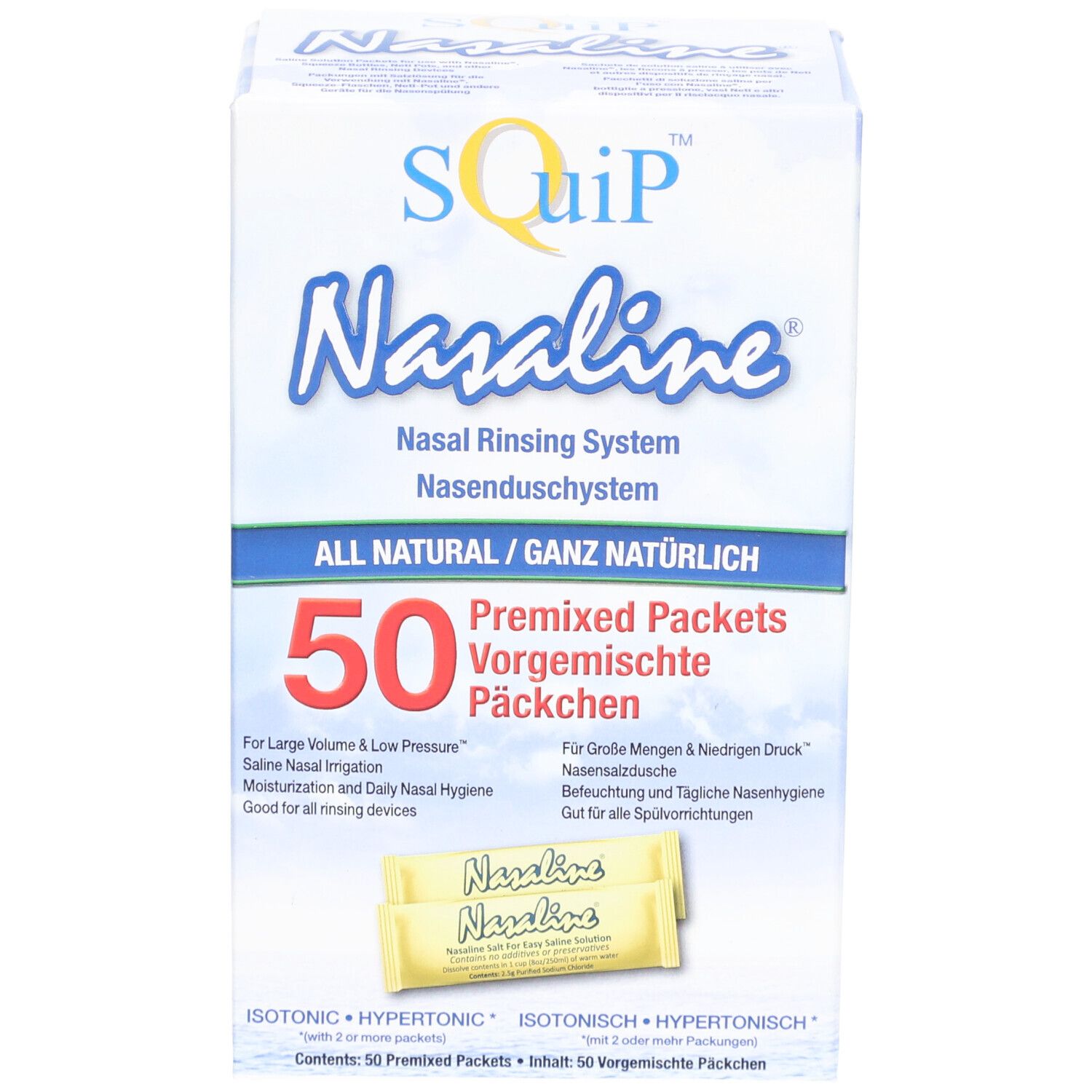 Verpackung von Nasaline Nasenspülsalz. Enthält 50 vorgefertigte Päckchen. Aufschrift: Nasal Rinsing System, ALL NATURAL.