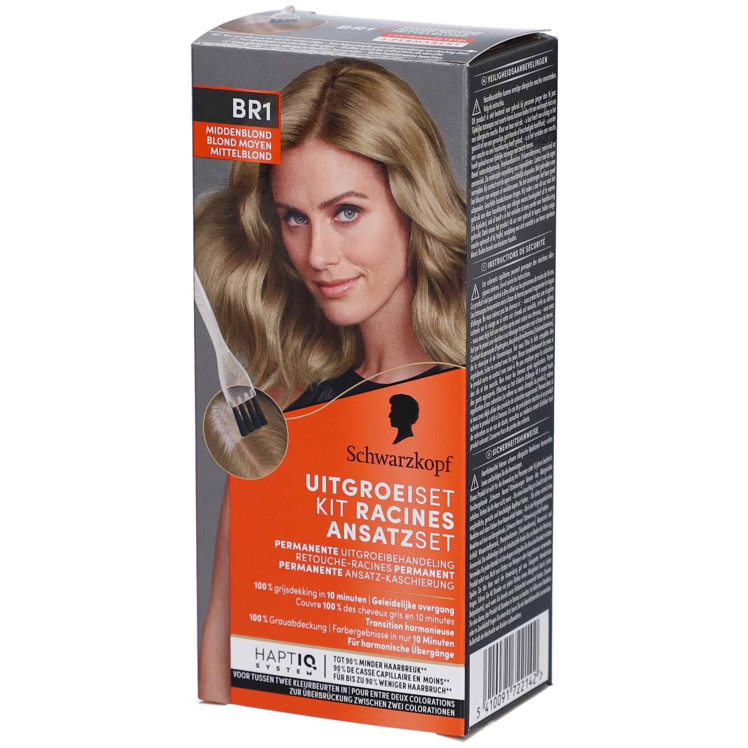 Schwarzkopf Ansatzset BR1. Boîte avec femme et pinceau. Texte: Blond moyen, Uitgroeiset, Kit Racines, Ansatzset.